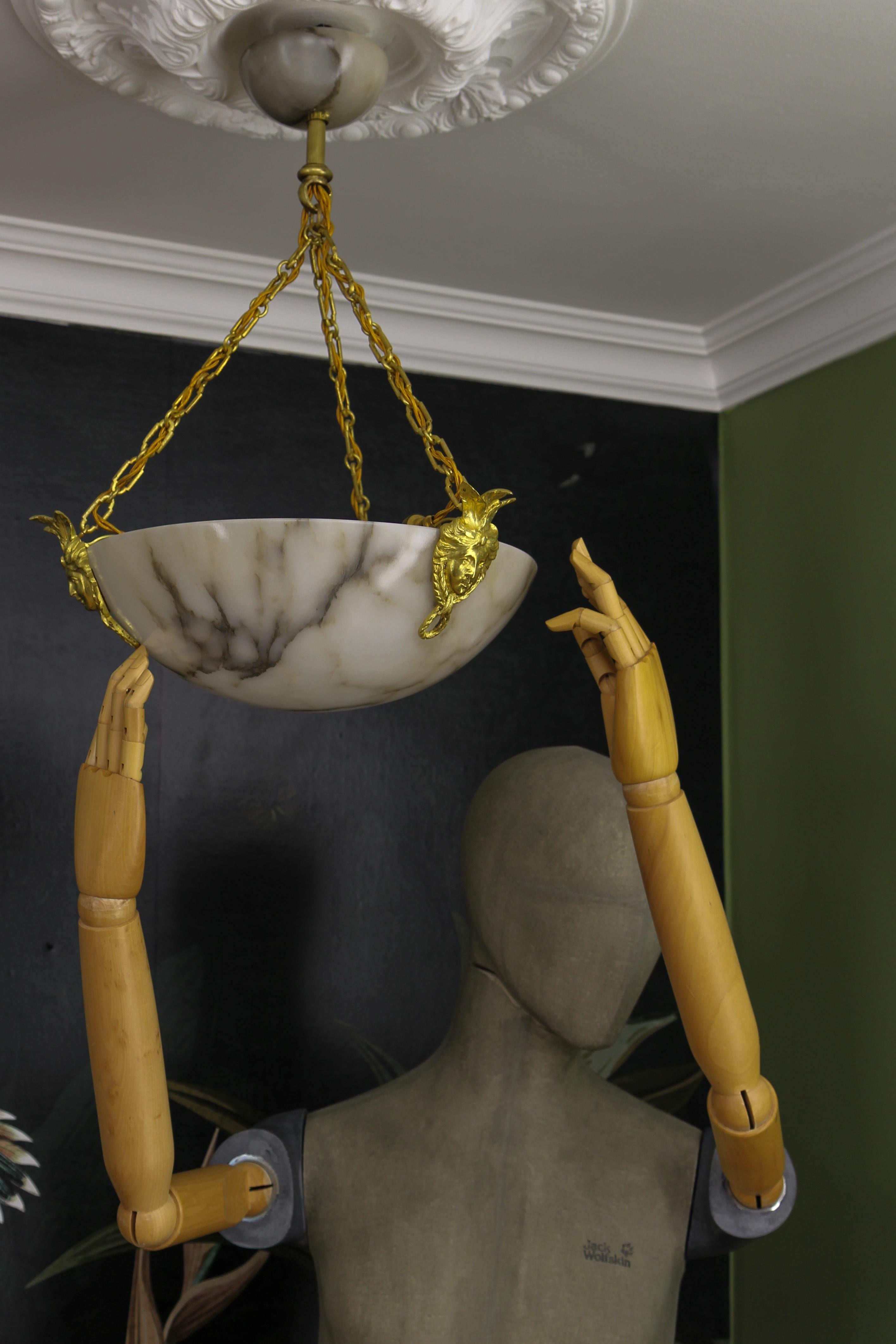 White Alabaster and Bronze Three-Light Pendant Chandelier, France, ca. 1920 For Sale 3