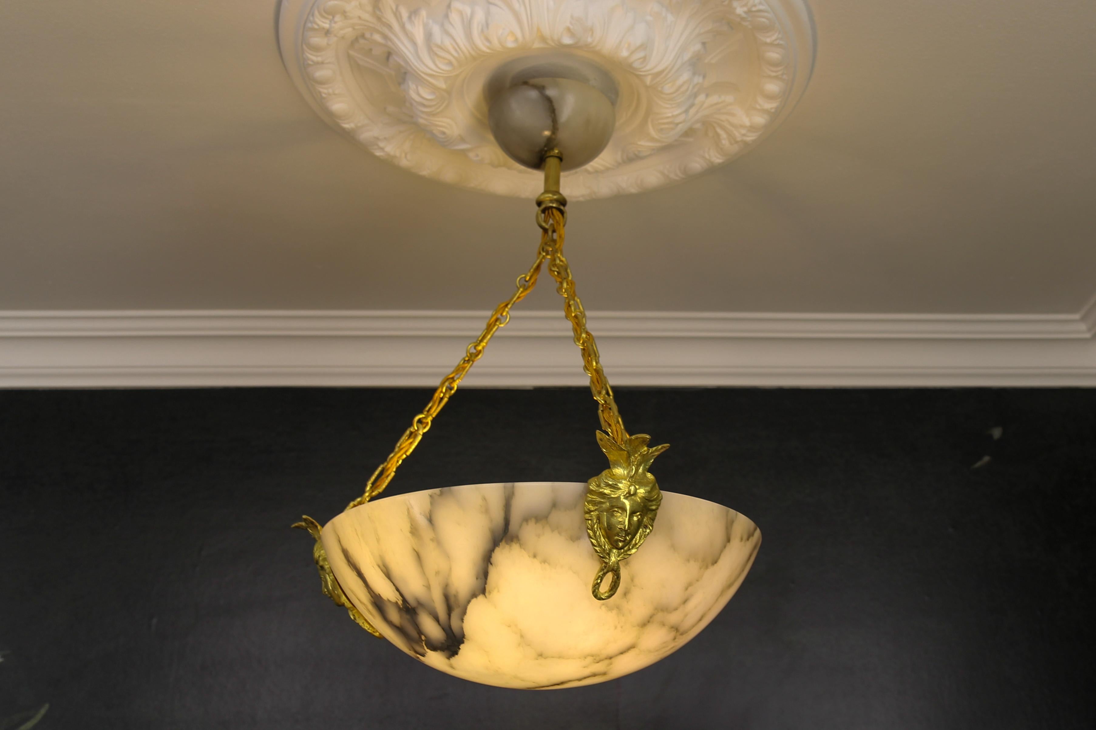 White Alabaster and Bronze Three-Light Pendant Chandelier, France, ca. 1920 For Sale 4