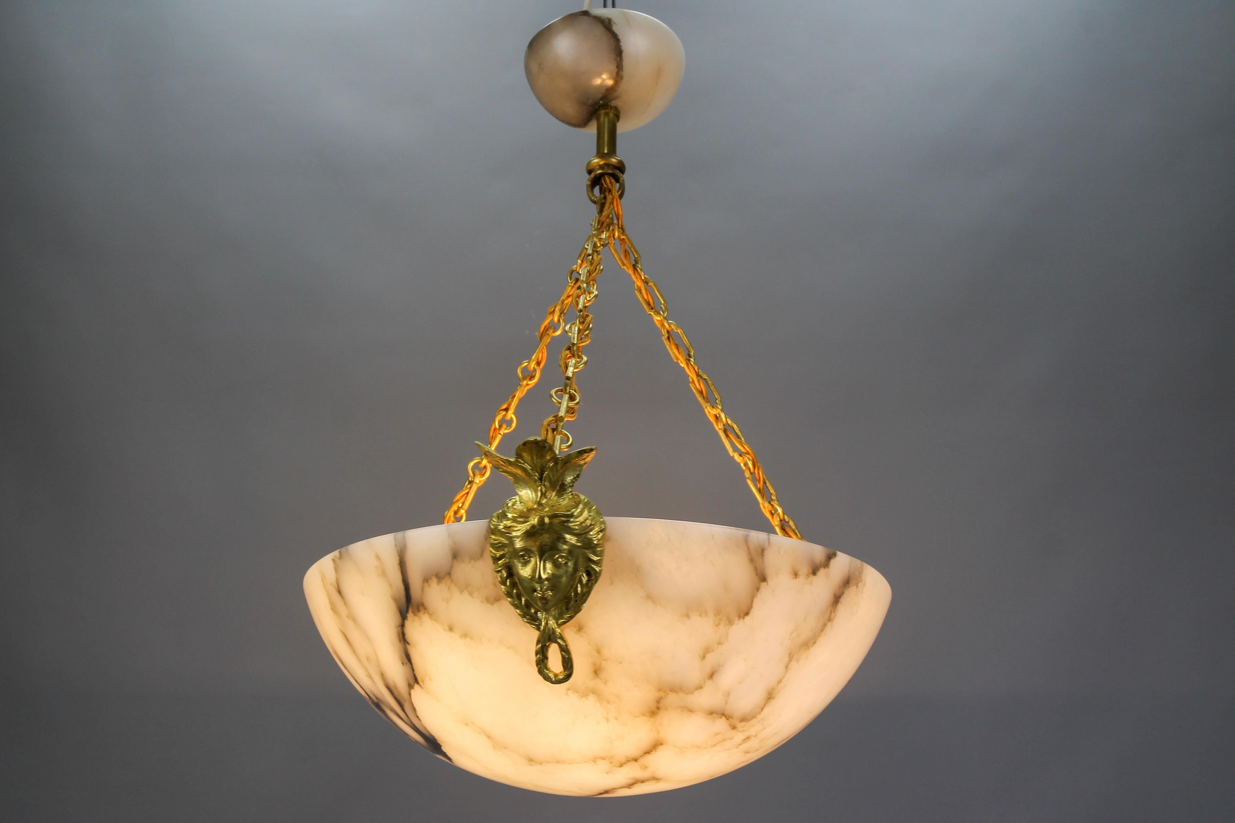White Alabaster and Bronze Three-Light Pendant Chandelier, France, ca. 1920 For Sale 5
