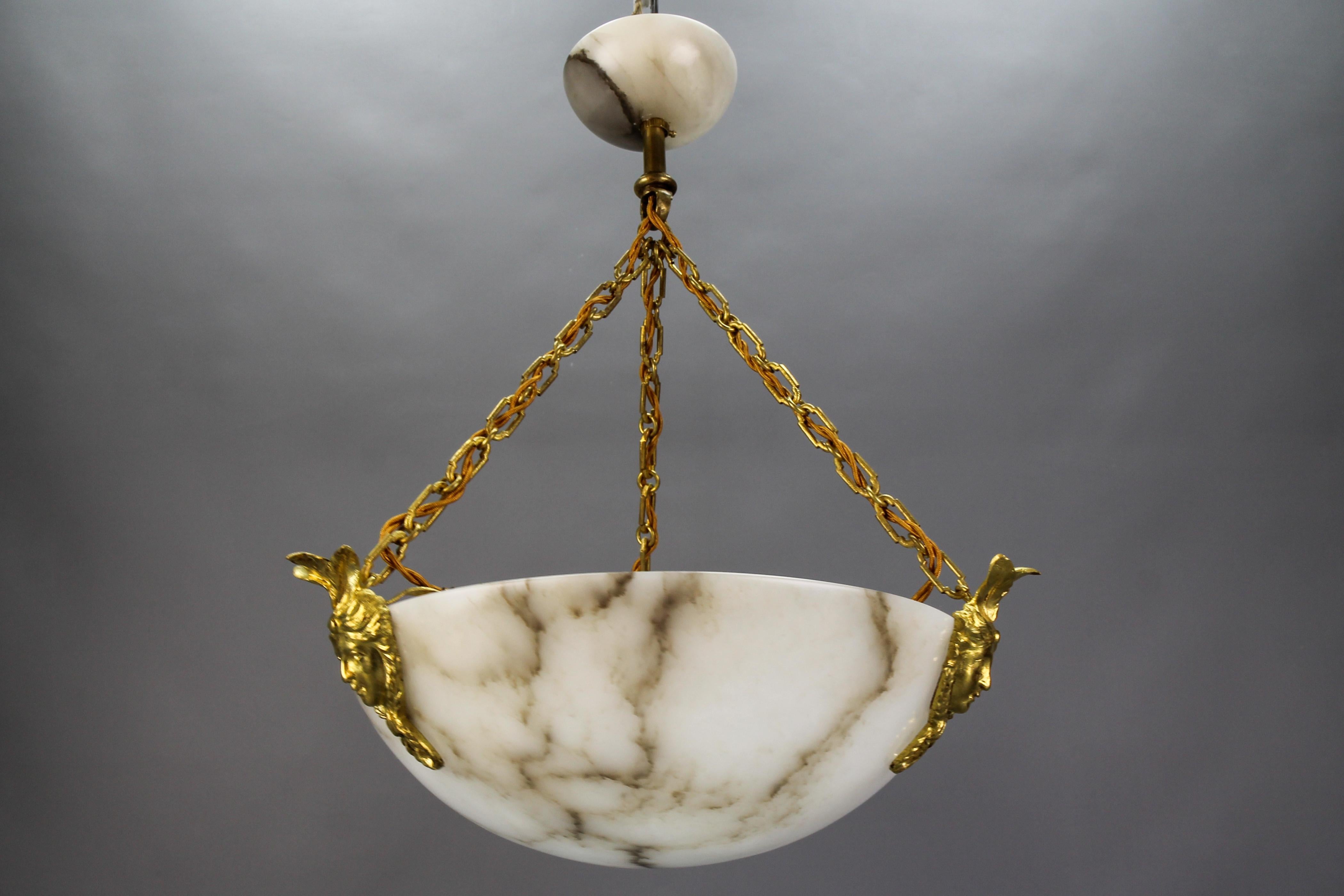 White Alabaster and Bronze Three-Light Pendant Chandelier, France, ca. 1920 For Sale 7