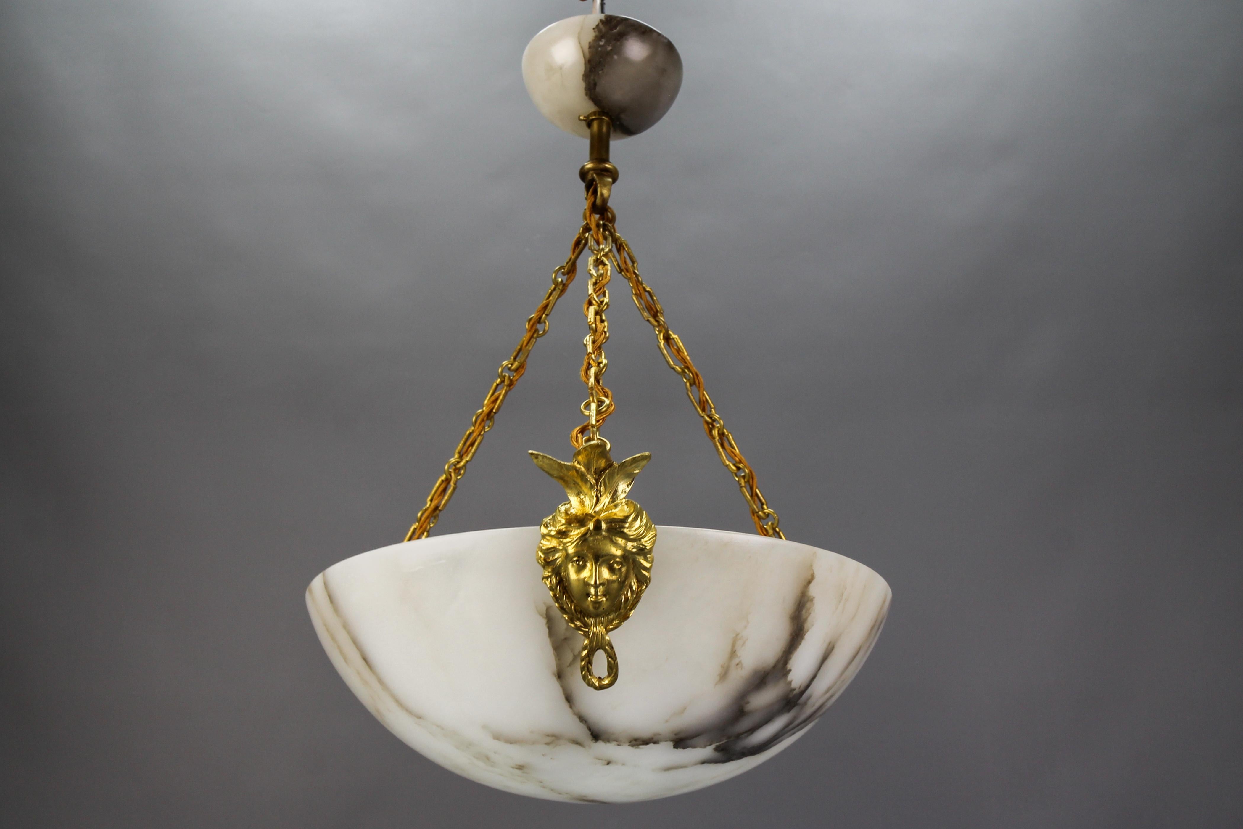 White Alabaster and Bronze Three-Light Pendant Chandelier, France, ca. 1920 For Sale 8