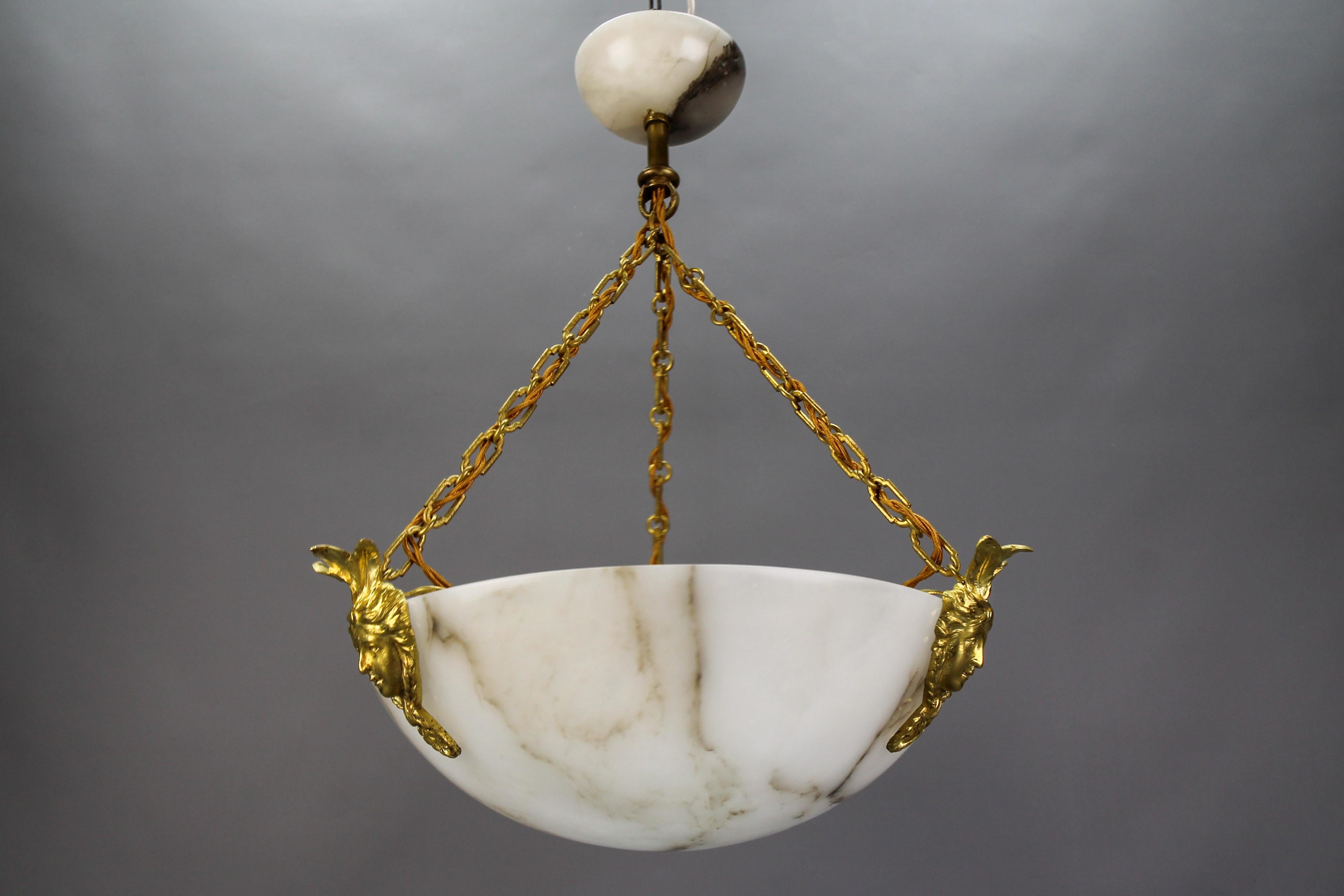 White Alabaster and Bronze Three-Light Pendant Chandelier, France, ca. 1920 For Sale 9