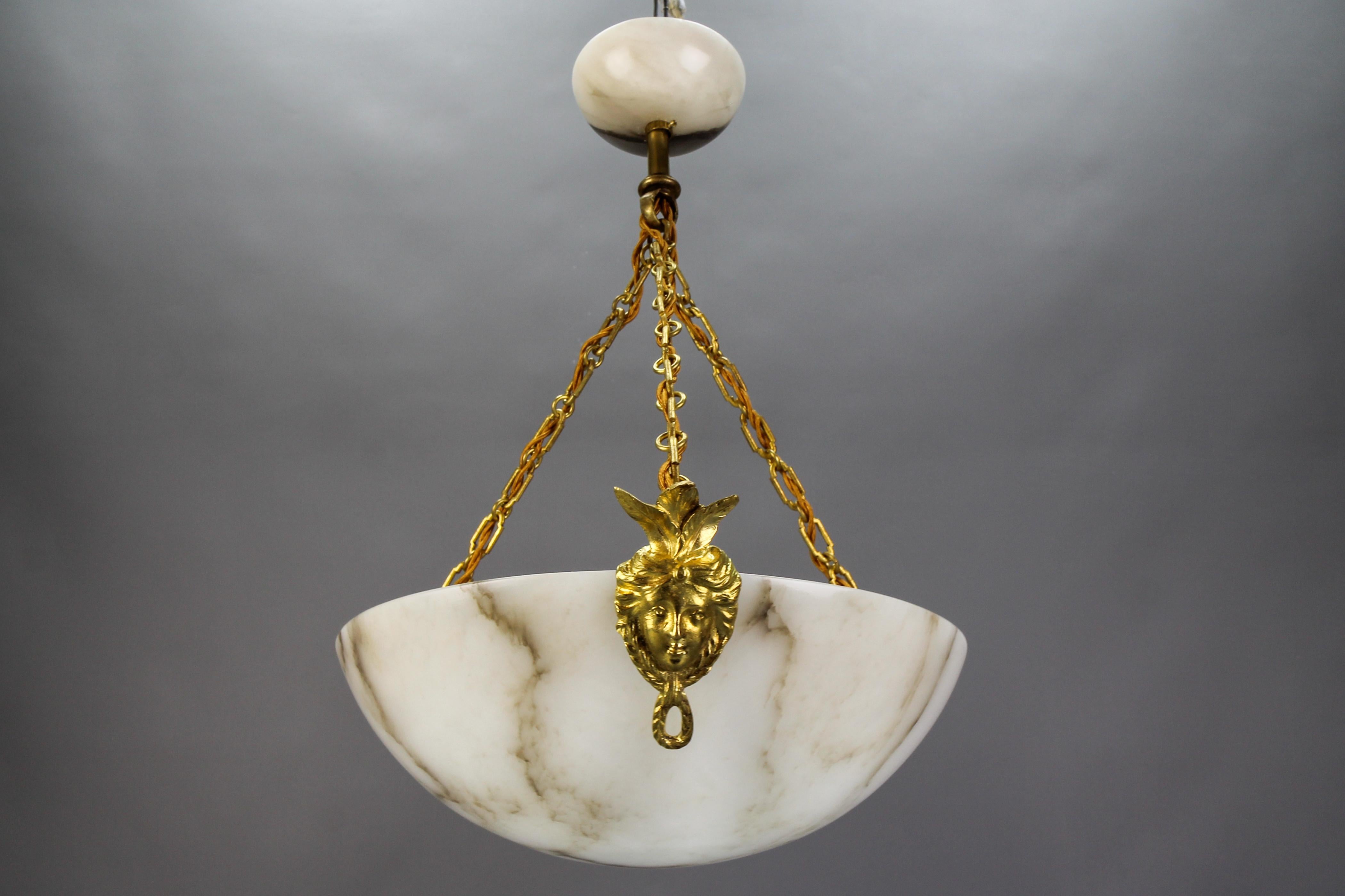 White Alabaster and Bronze Three-Light Pendant Chandelier, France, ca. 1920 For Sale 10