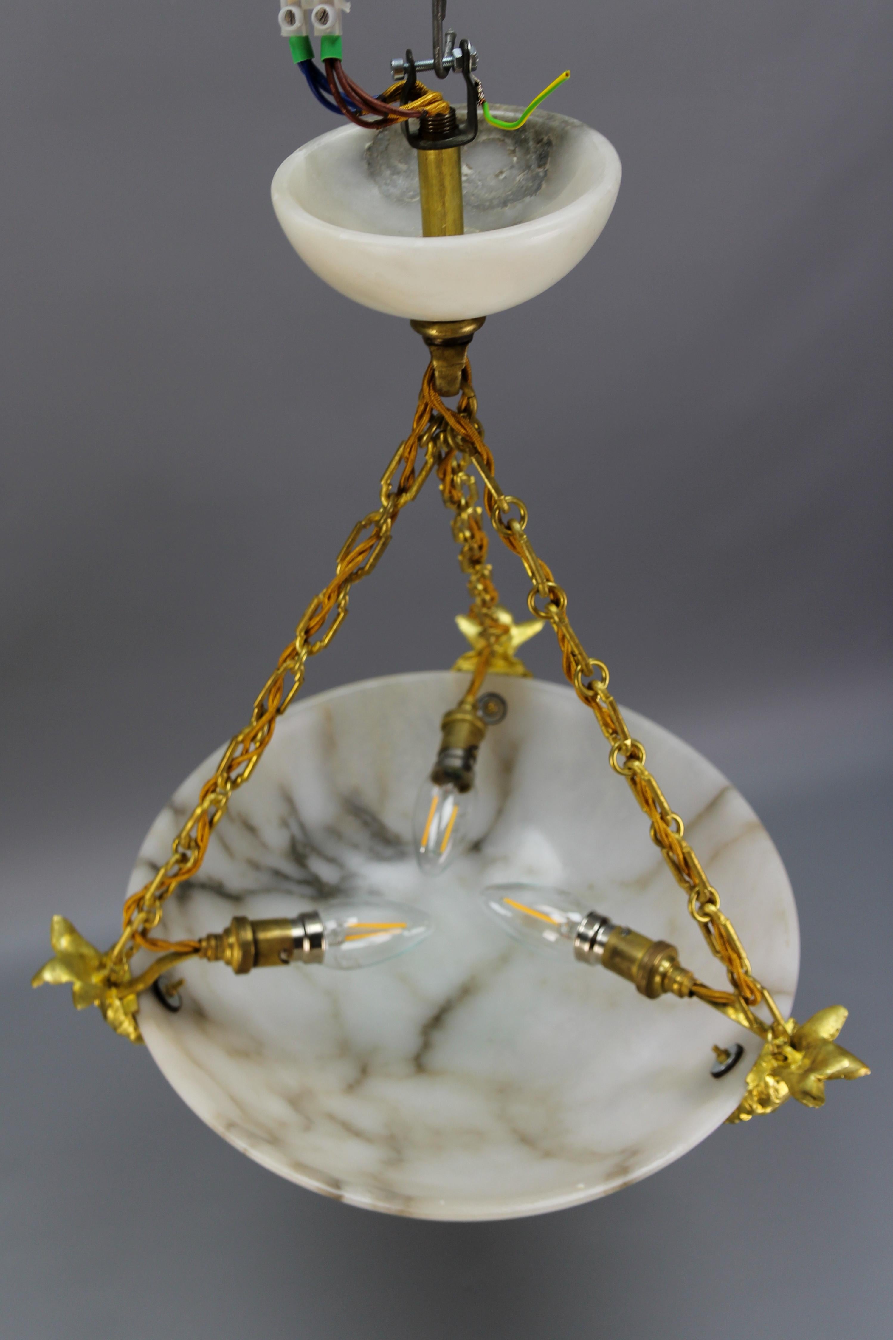 White Alabaster and Bronze Three-Light Pendant Chandelier, France, ca. 1920 For Sale 11