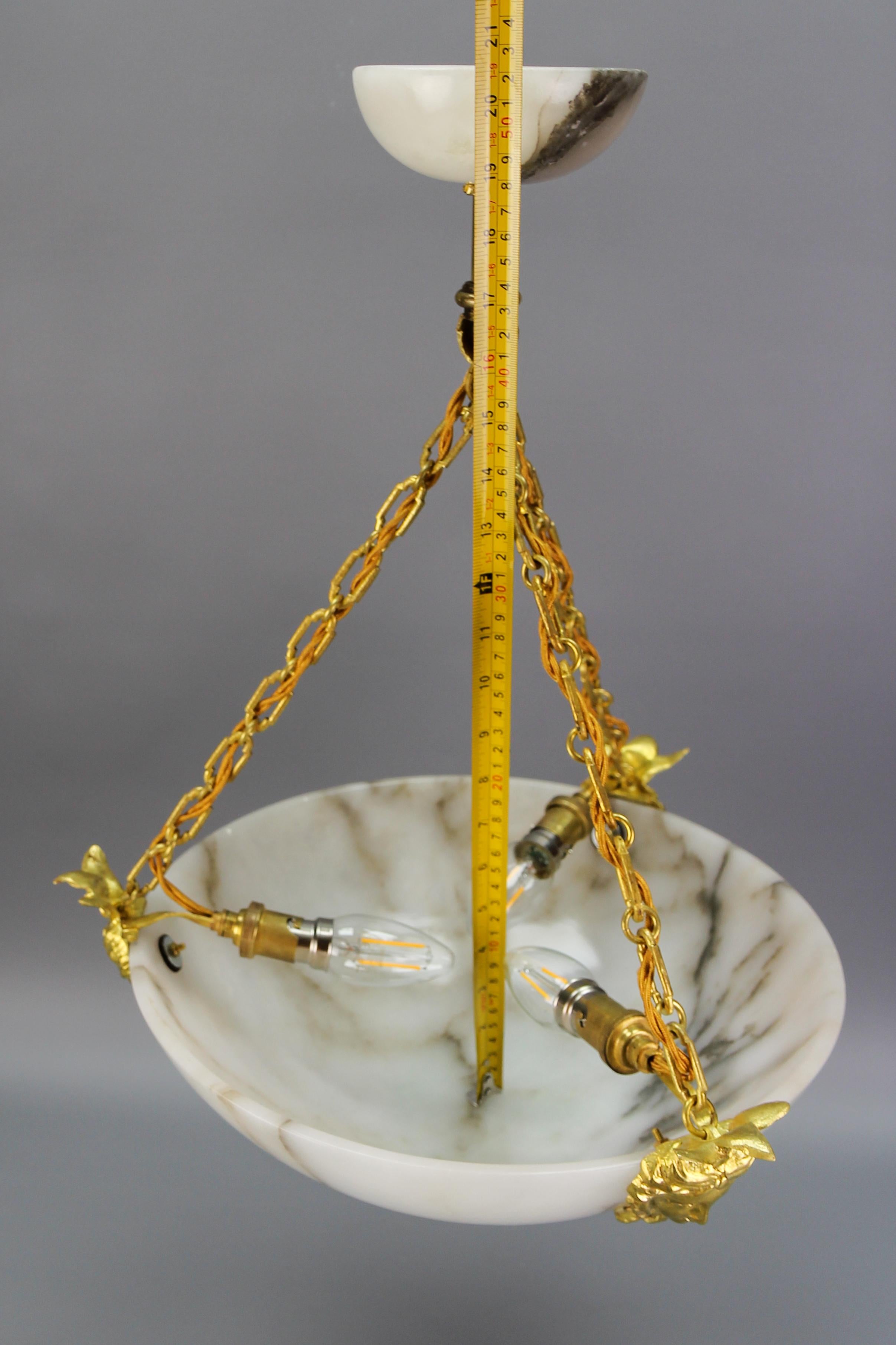 White Alabaster and Bronze Three-Light Pendant Chandelier, France, ca. 1920 For Sale 12