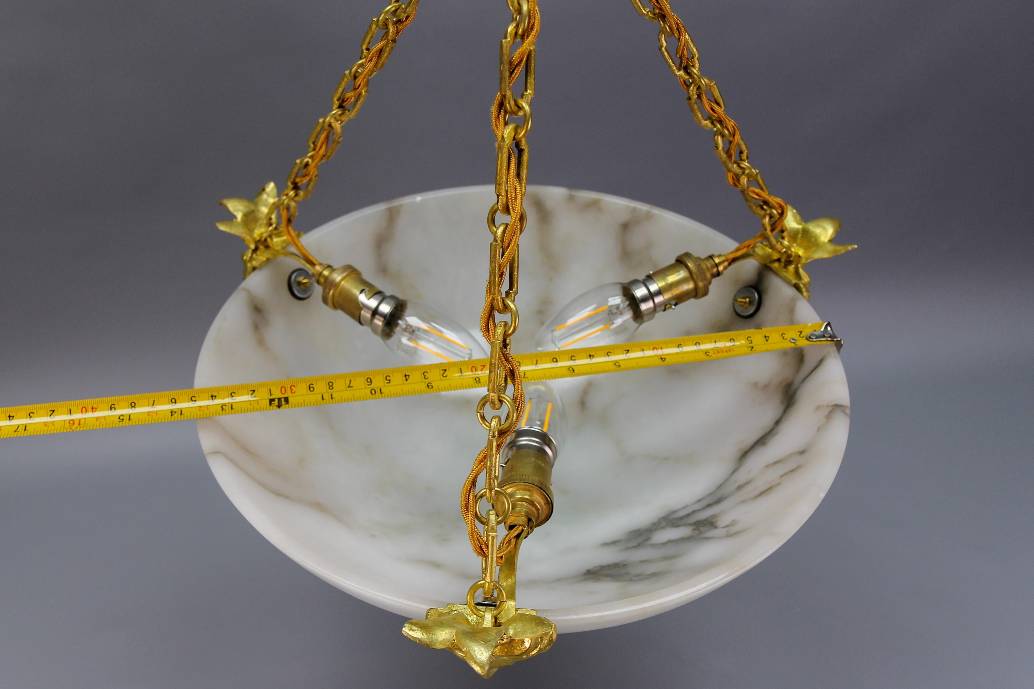 White Alabaster and Bronze Three-Light Pendant Chandelier, France, ca. 1920 For Sale 13