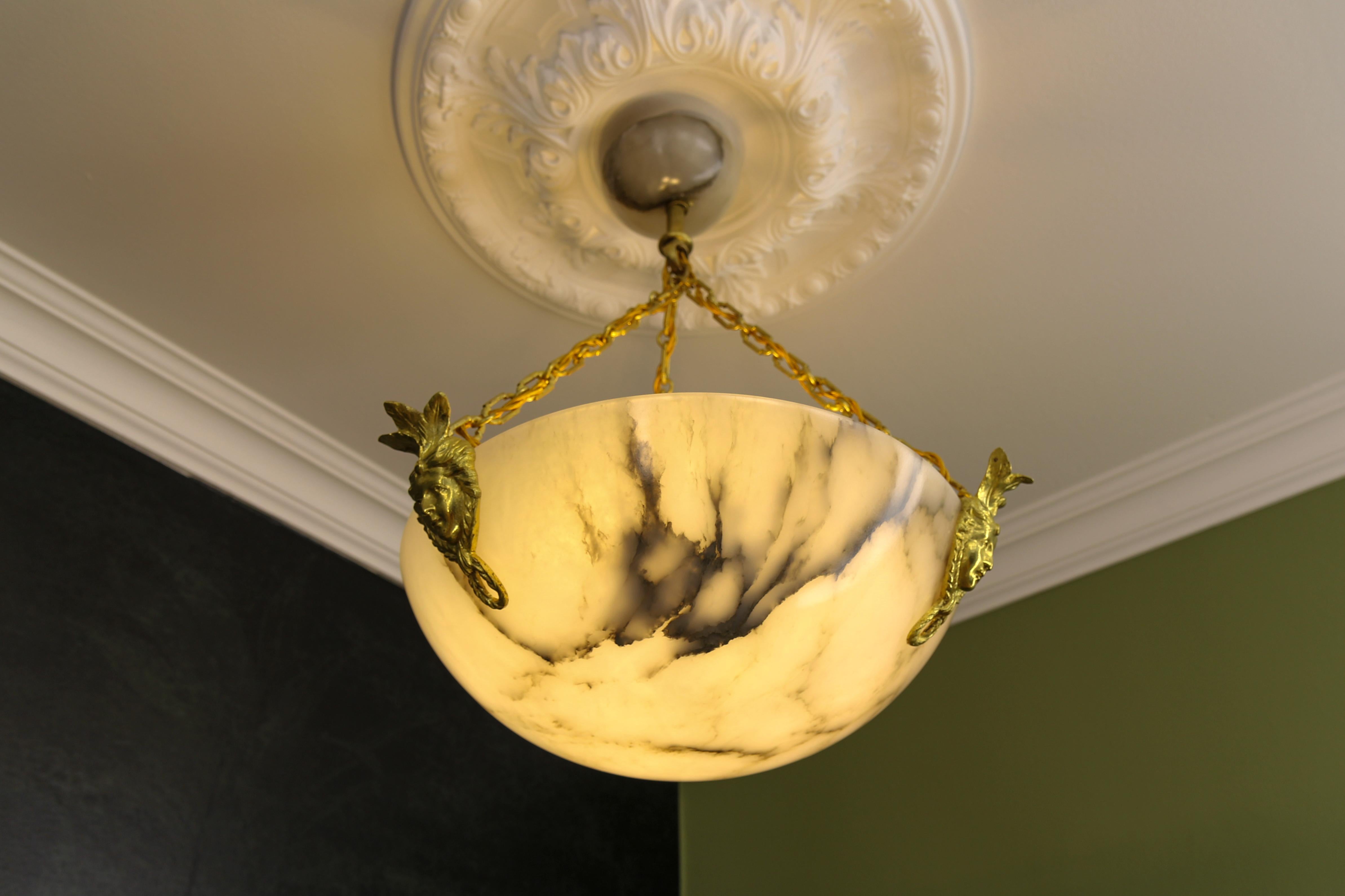 Louis XIV White Alabaster and Bronze Three-Light Pendant Chandelier, France, ca. 1920 For Sale