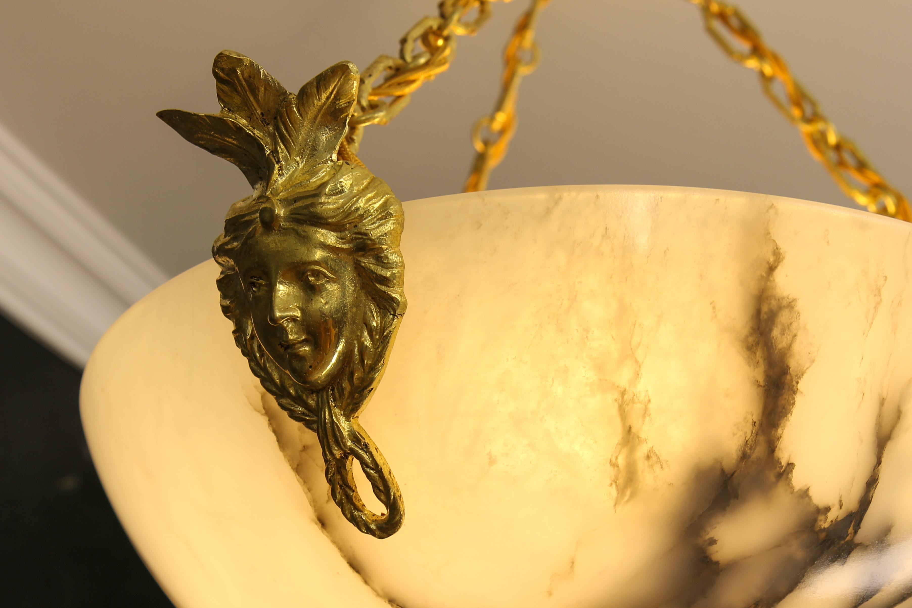 French White Alabaster and Bronze Three-Light Pendant Chandelier, France, ca. 1920 For Sale