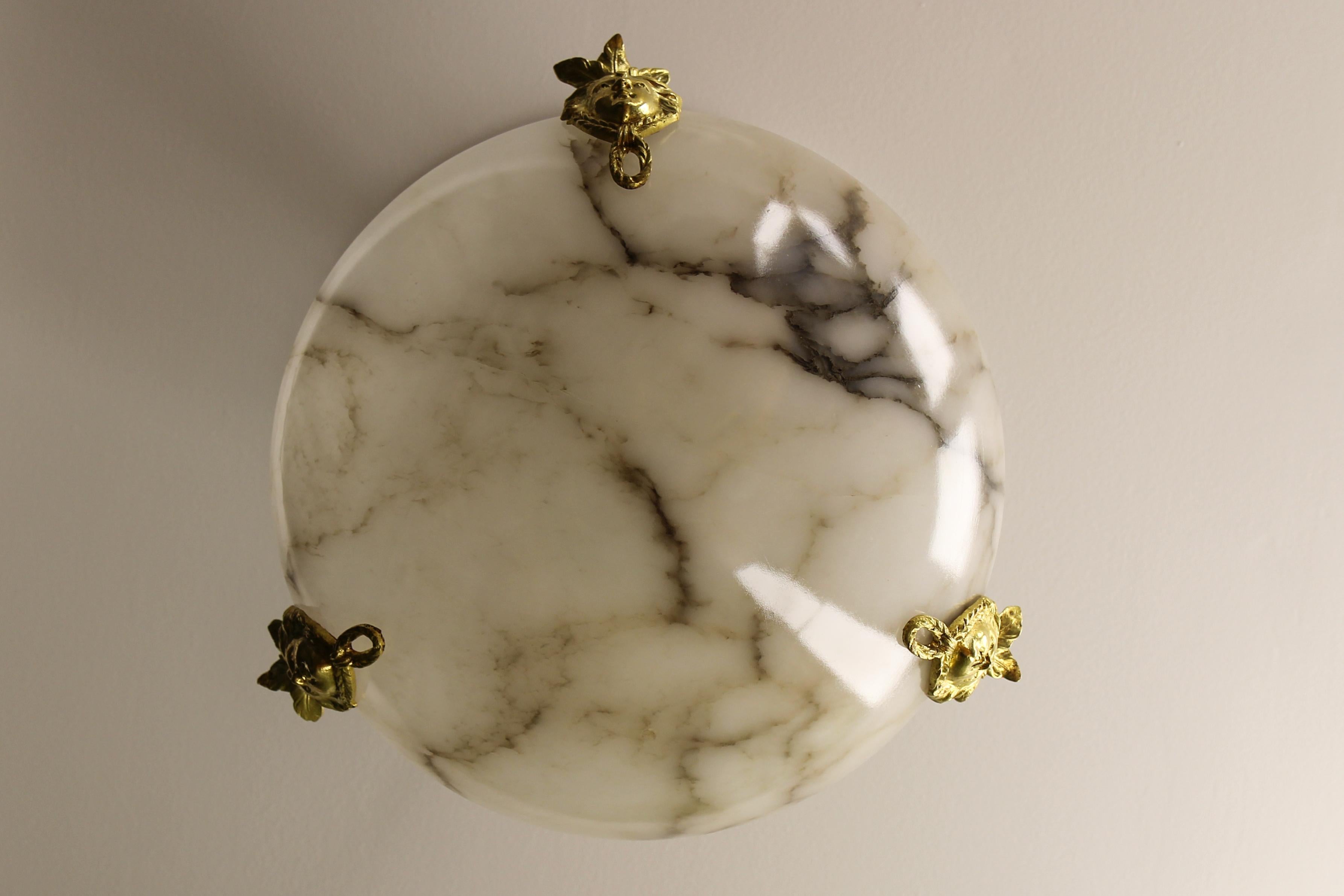 Early 20th Century White Alabaster and Bronze Three-Light Pendant Chandelier, France, ca. 1920 For Sale