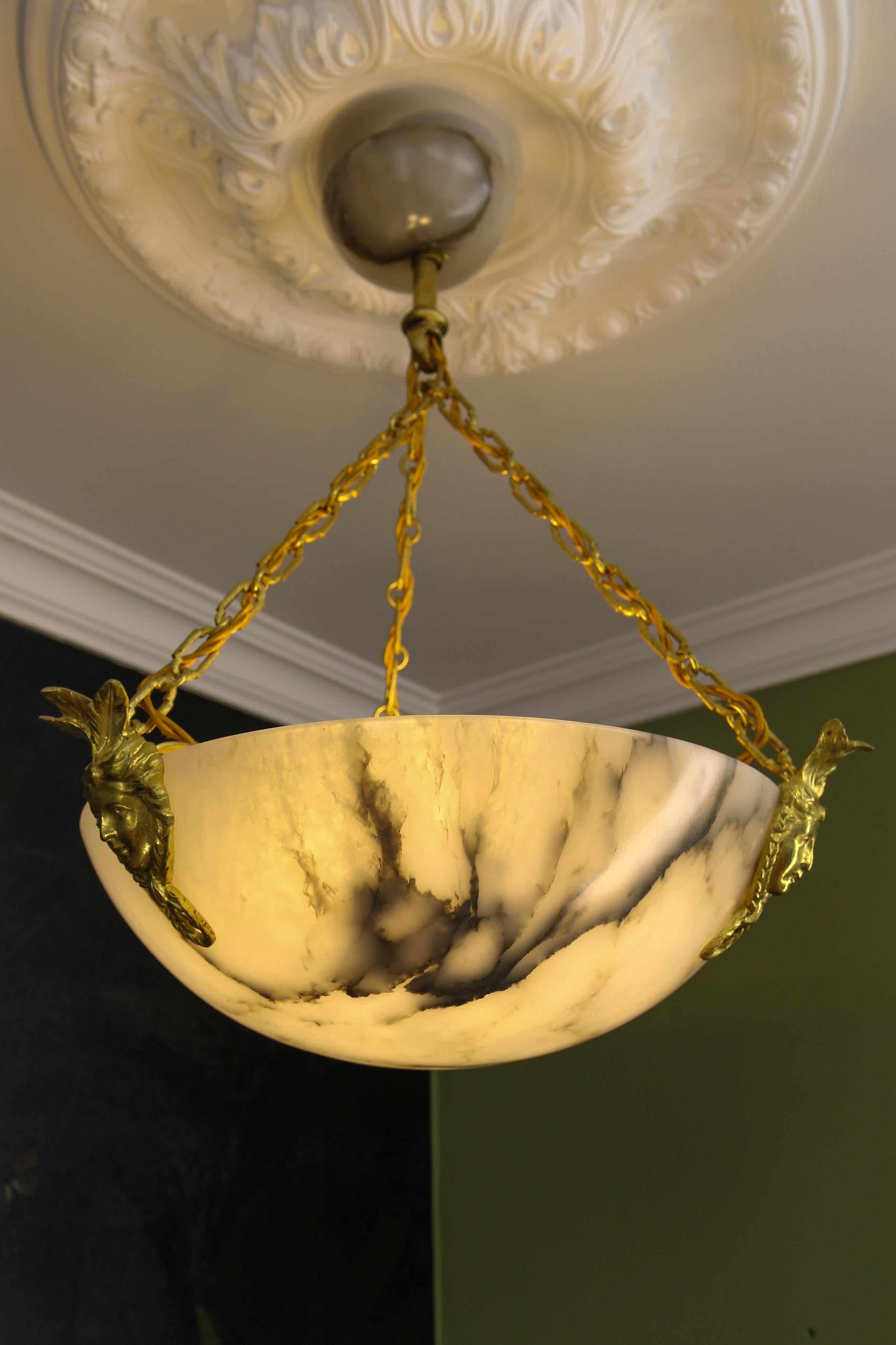 Brass White Alabaster and Bronze Three-Light Pendant Chandelier, France, ca. 1920 For Sale