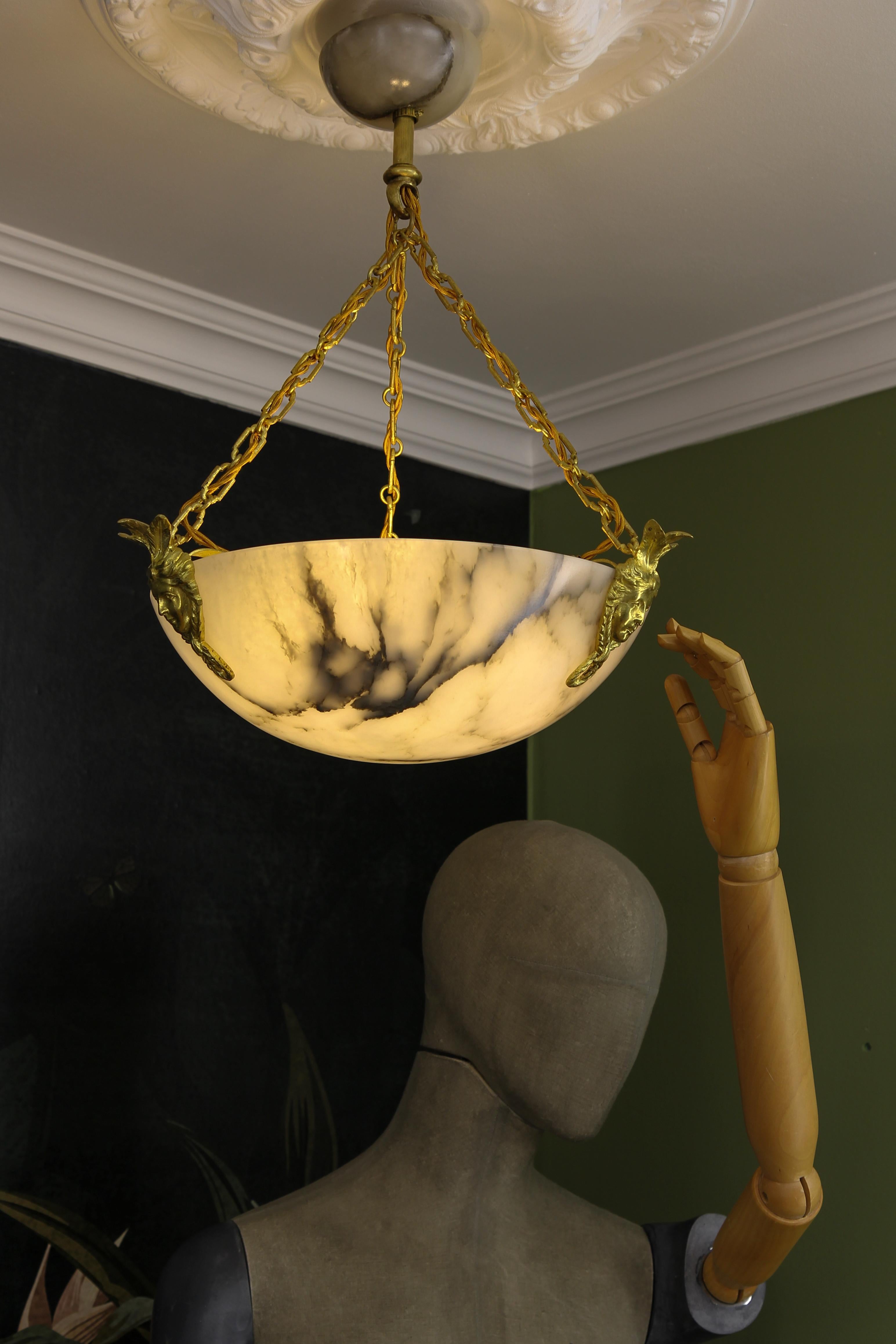 White Alabaster and Bronze Three-Light Pendant Chandelier, France, ca. 1920 For Sale 1
