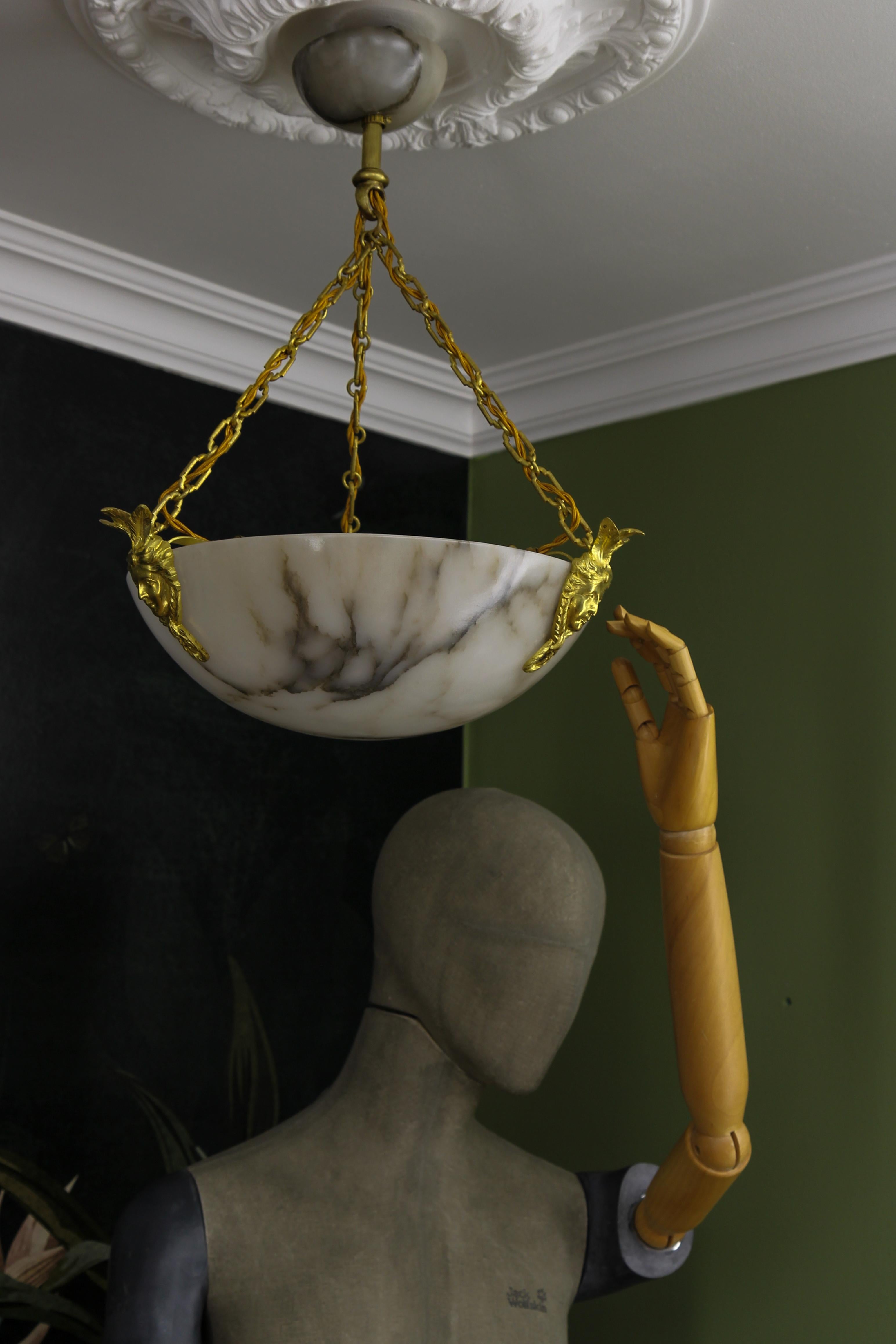 White Alabaster and Bronze Three-Light Pendant Chandelier, France, ca. 1920 For Sale 2