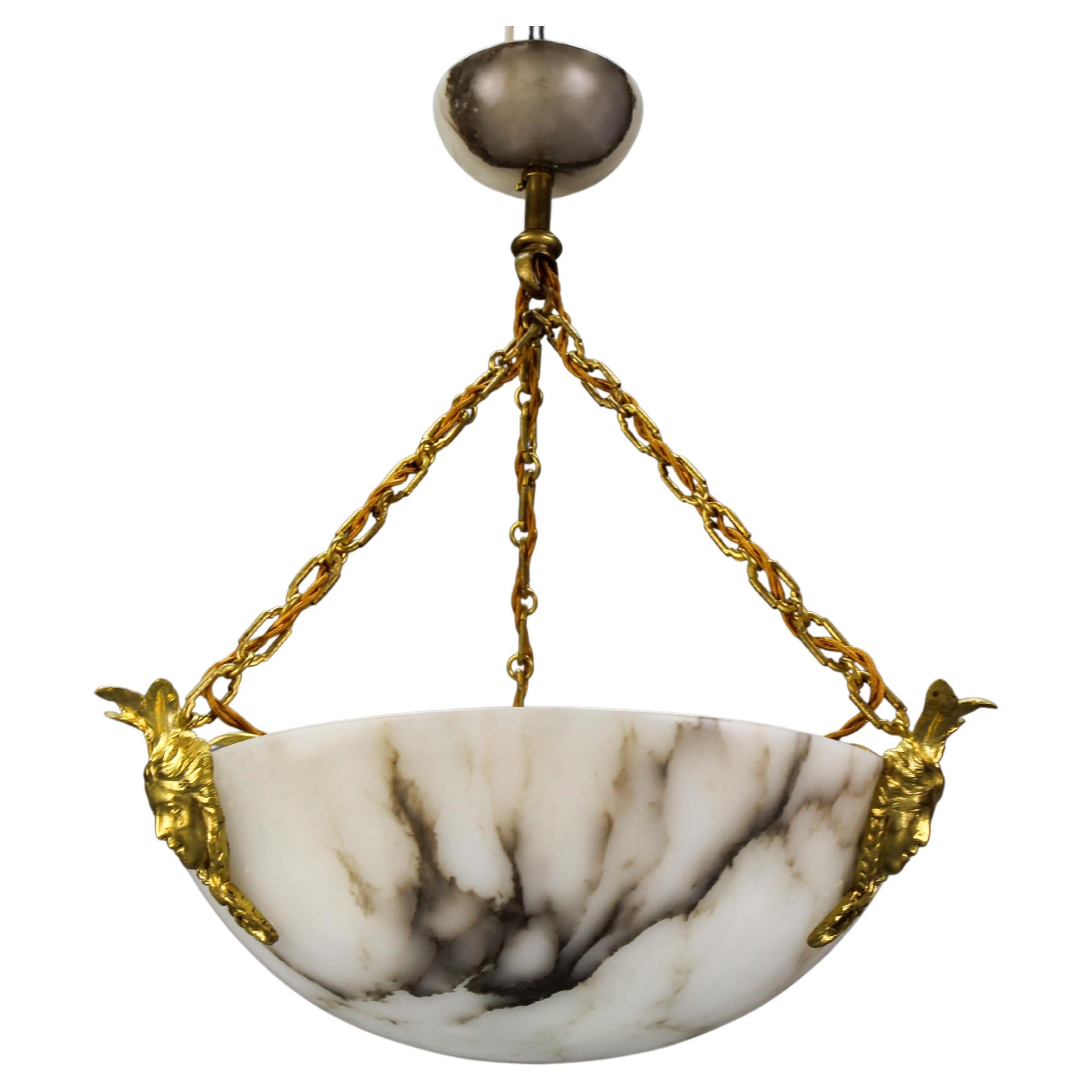 White Alabaster and Bronze Three-Light Pendant Chandelier, France, ca. 1920 For Sale