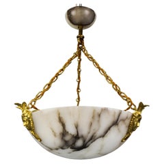 White Alabaster and Bronze Three-Light Pendant Chandelier, France, ca. 1920