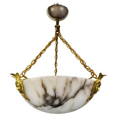 Antique White Alabaster and Bronze Three-Light Pendant Chandelier, France, ca. 1920