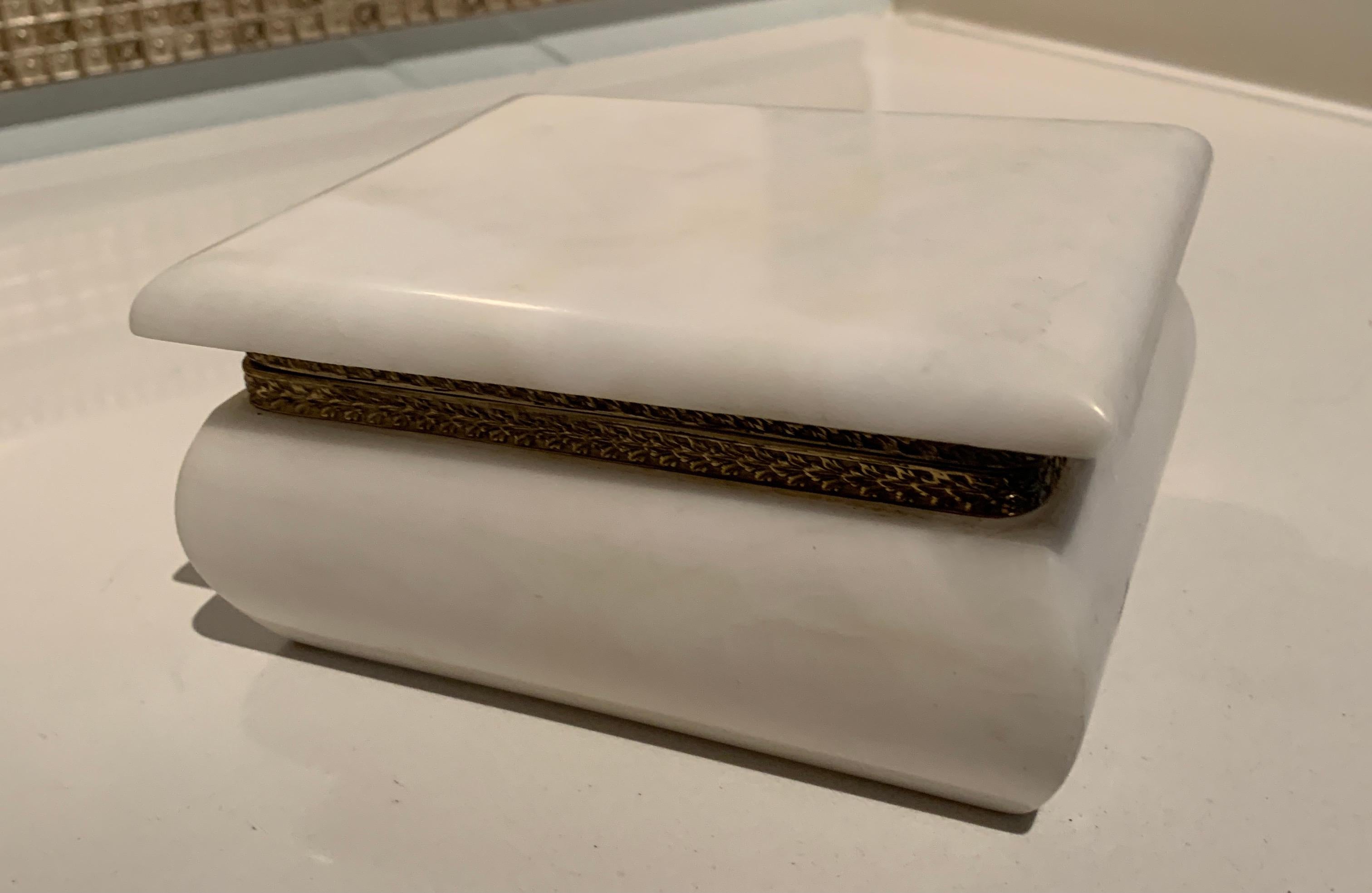 Italian White Alabaster Hinged Box with Brass Closure