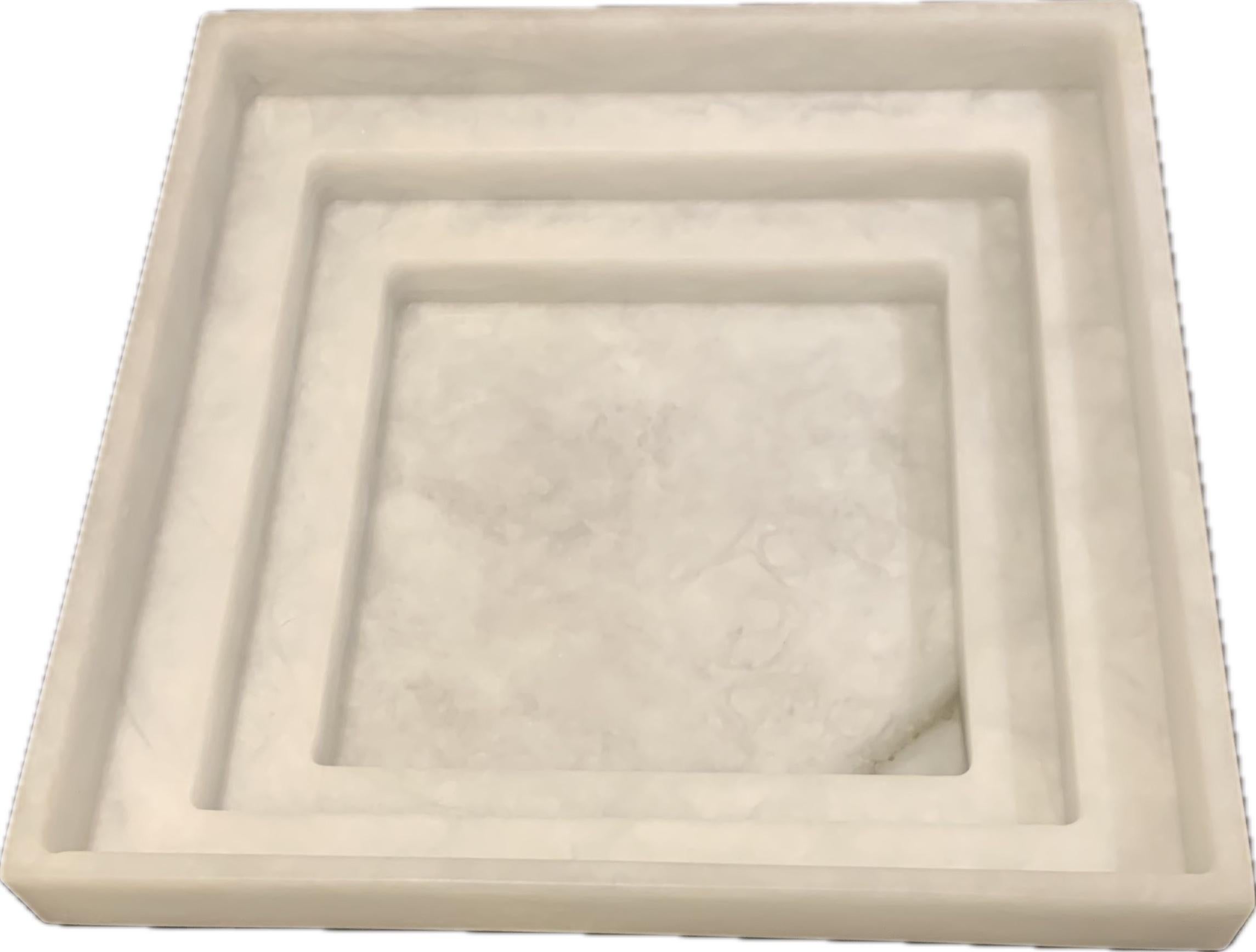 White Alabaster Square Shaped Three Tier Bowl, Italy, Contemporary In New Condition For Sale In New York, NY