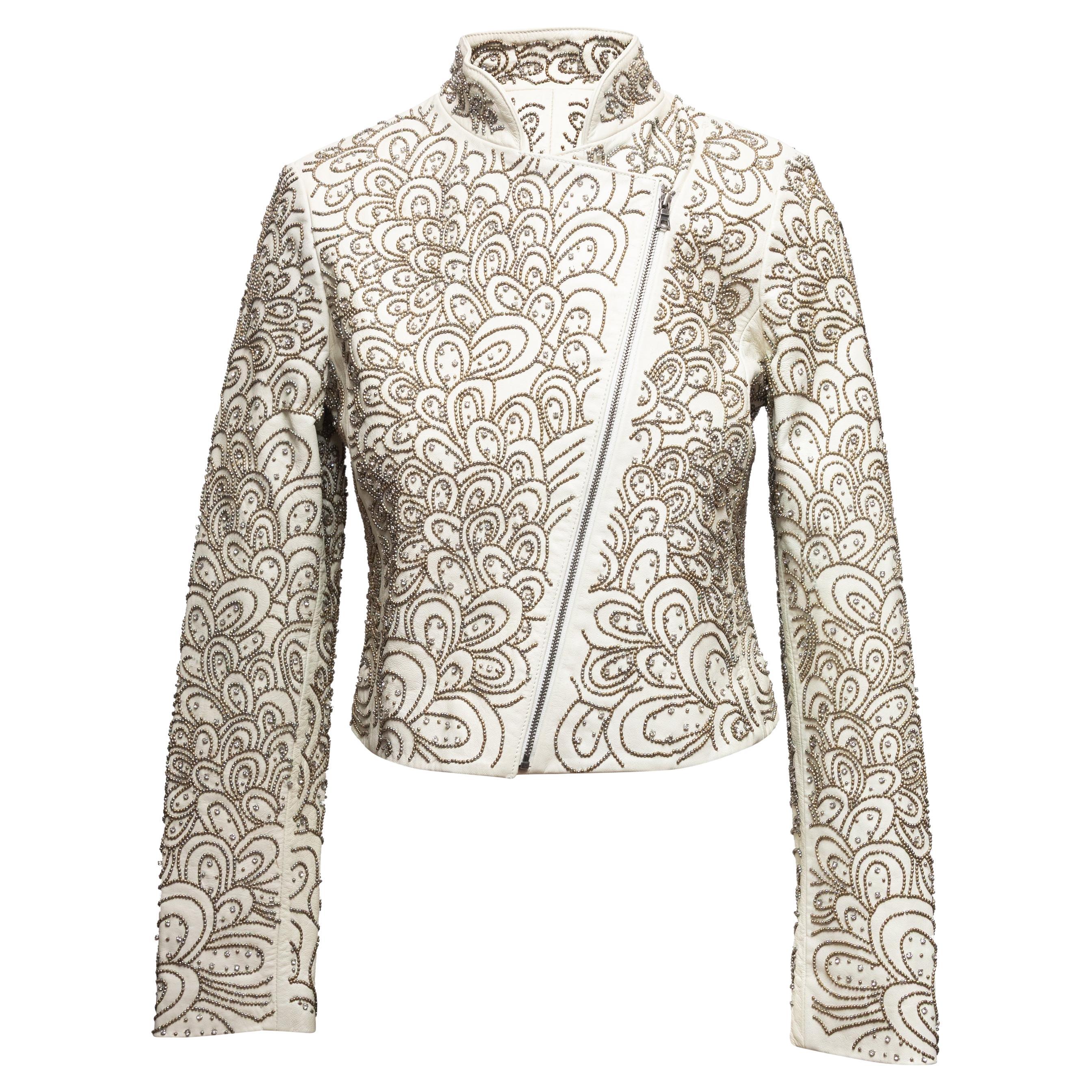 White Alice + Olivia Beaded Leather Moto Jacket Size US S