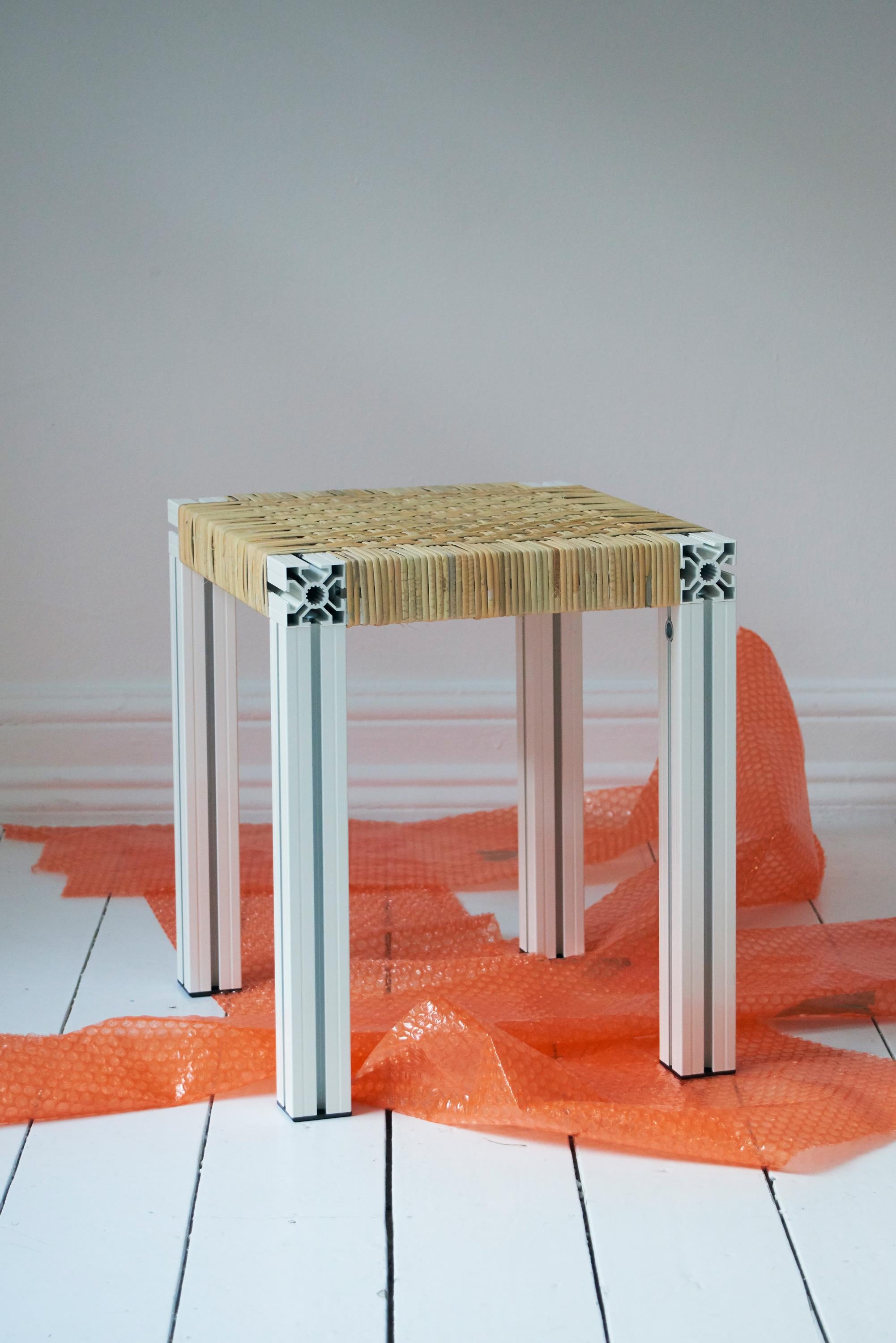 Modern White Aluminium Stool with Lapping Cane Seating from Anodised Wicker Collection For Sale
