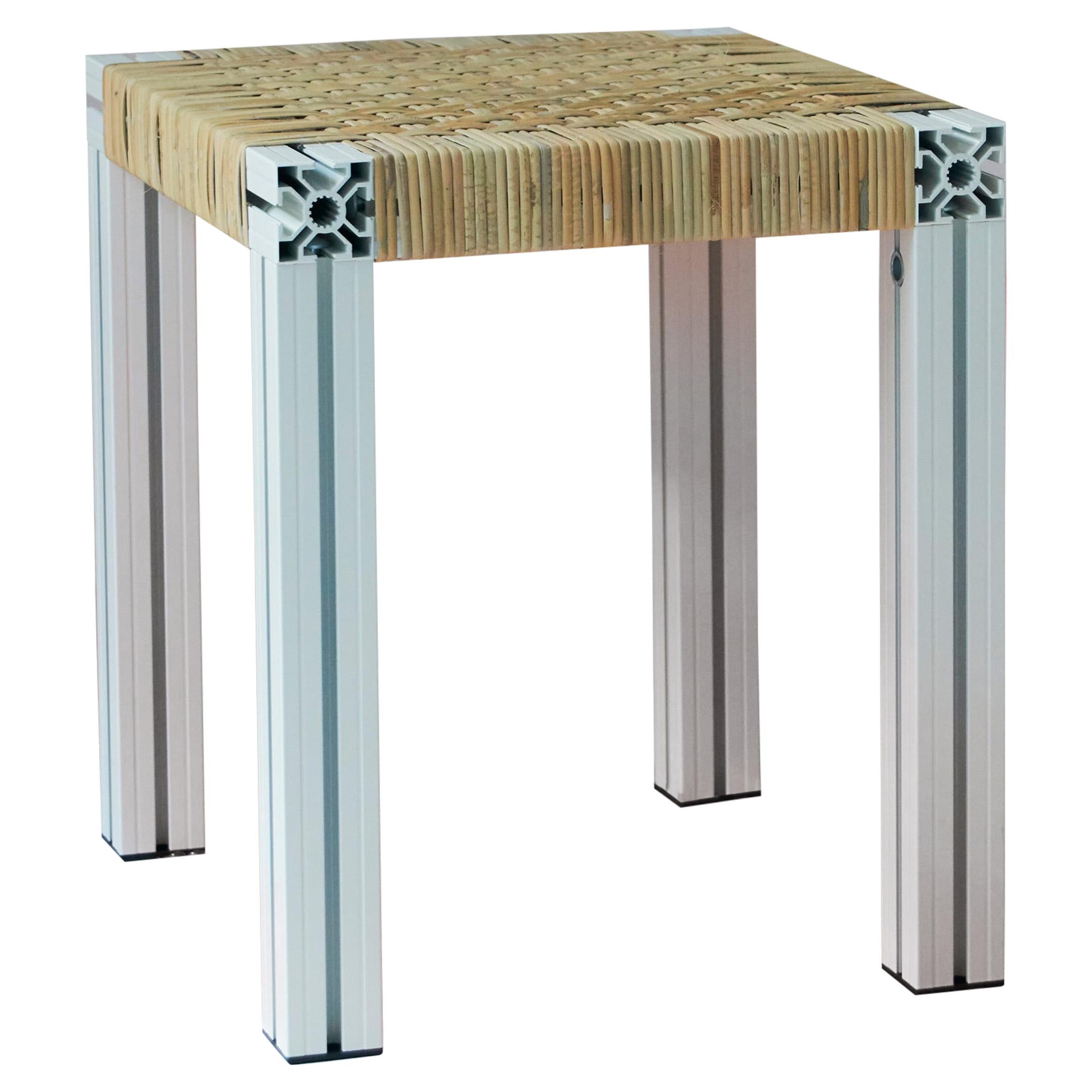 White Aluminium Stool with Lapping Cane Seating from Anodised Wicker Collection For Sale