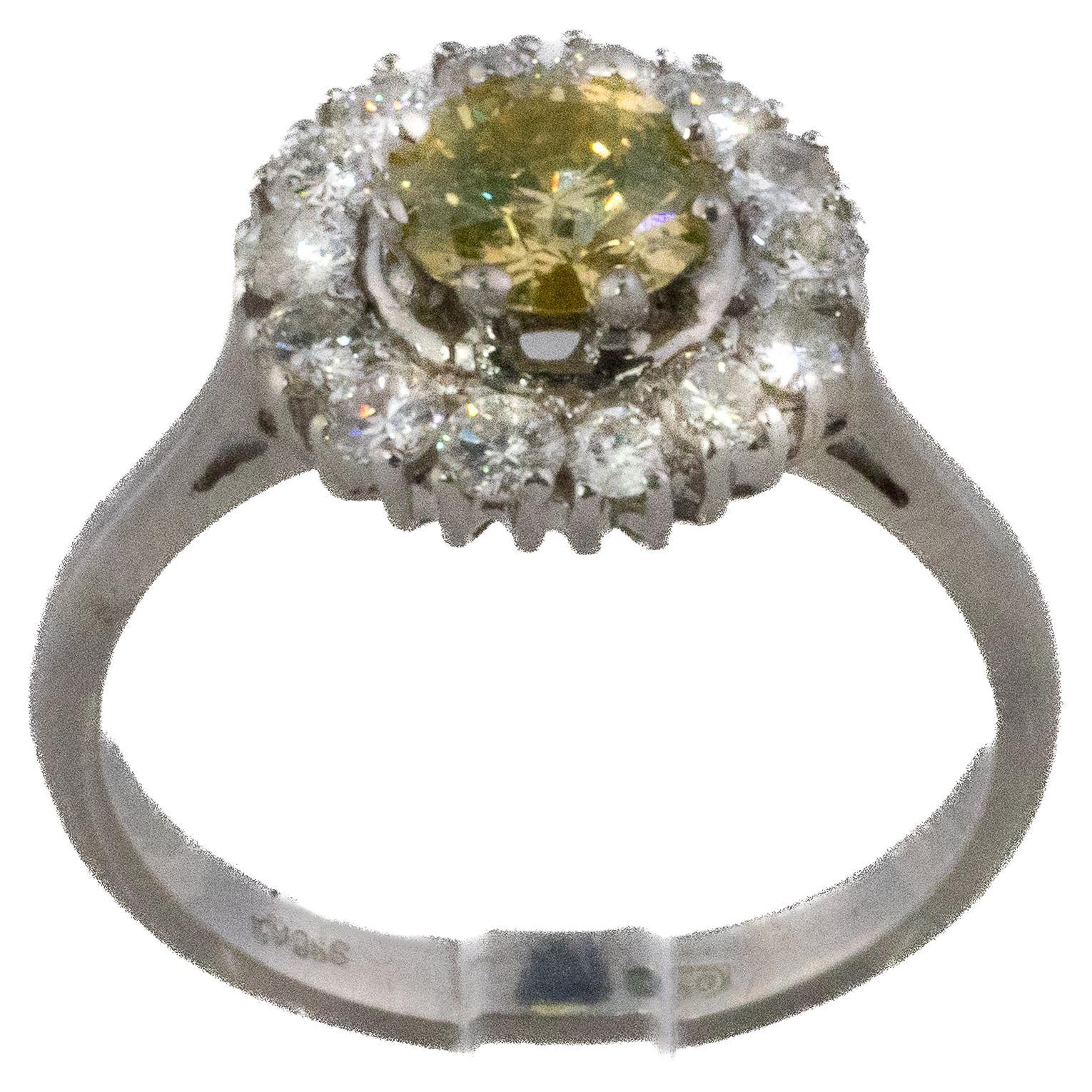 White &amp; Yellow Diamond Halo Ring For Sale