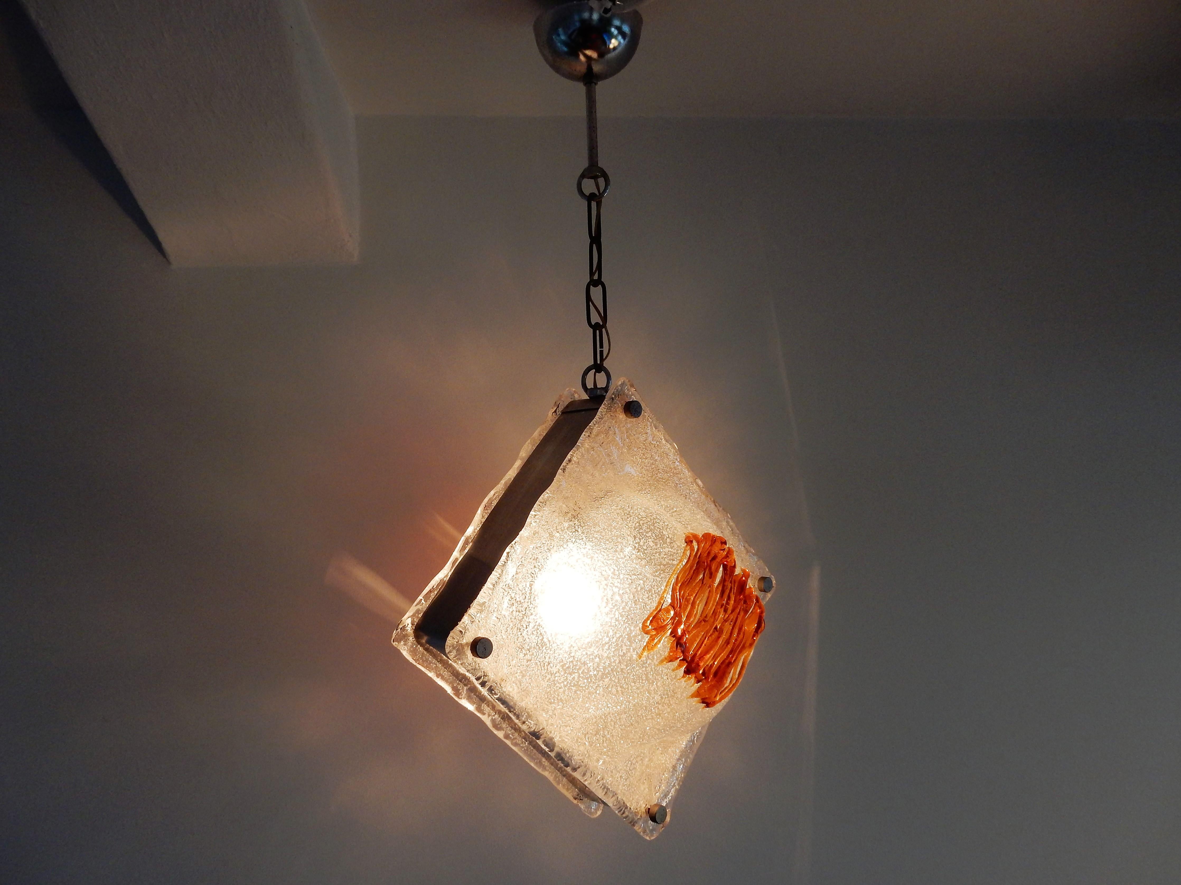 Mid-20th Century White and Amber Murano Glass Pendant Lamp, Italy, 1960s For Sale