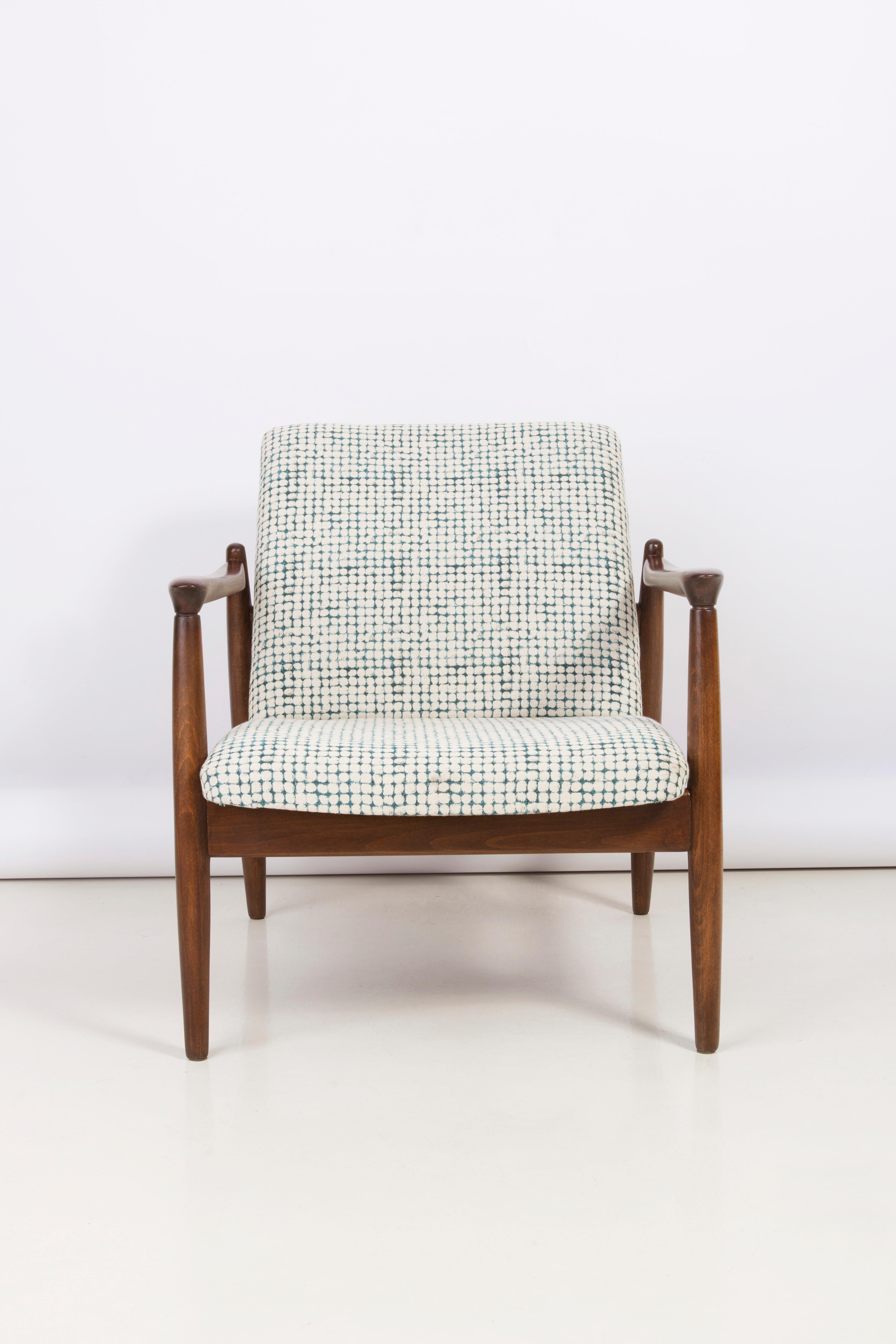 Mid-Century Modern White and Aqua Vintage Armchair and Stool, Edmund Homa, 1960s For Sale