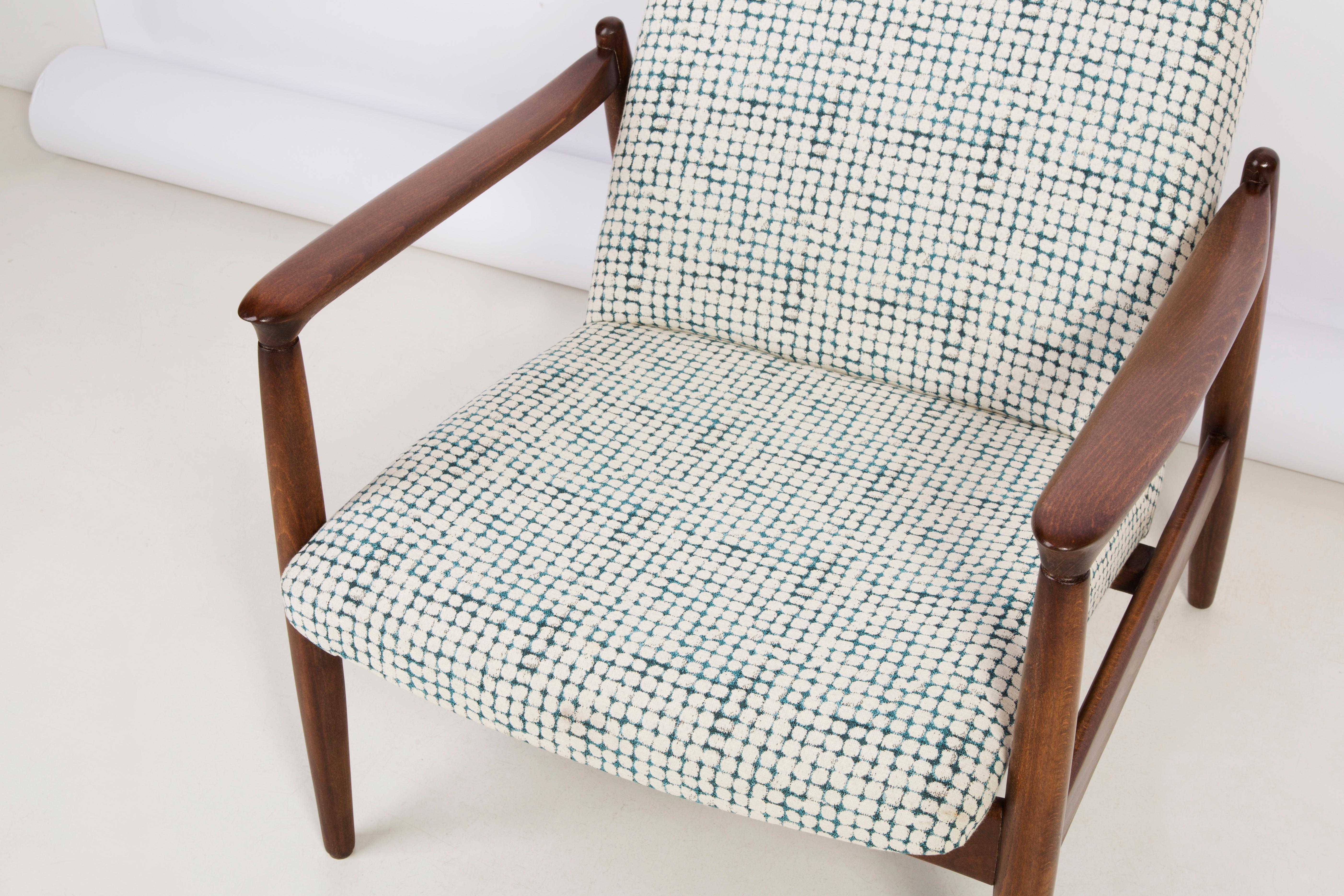 Polish White and Aqua Vintage Armchair and Stool, Edmund Homa, 1960s For Sale