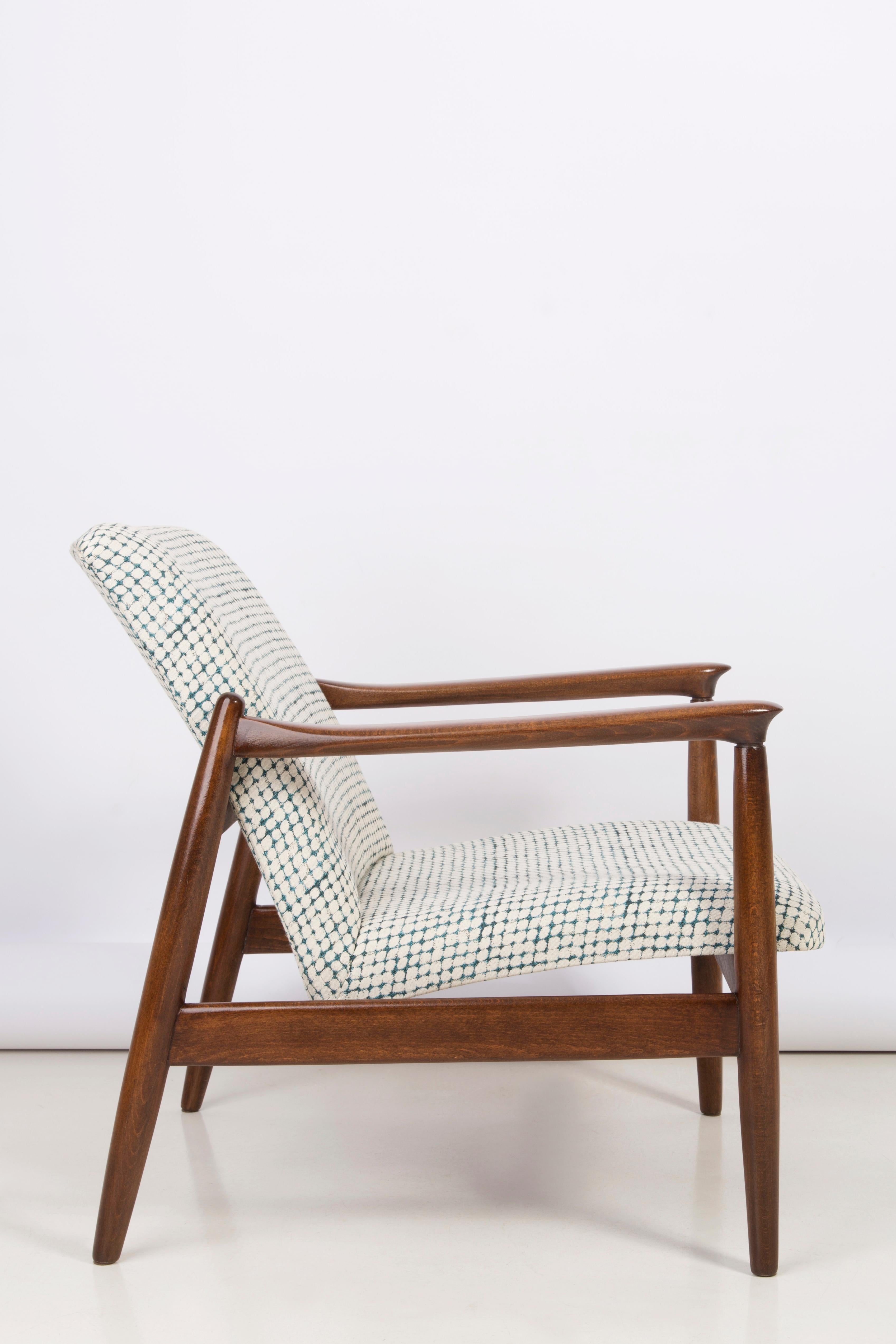 20th Century White and Aqua Vintage Armchair and Stool, Edmund Homa, 1960s For Sale