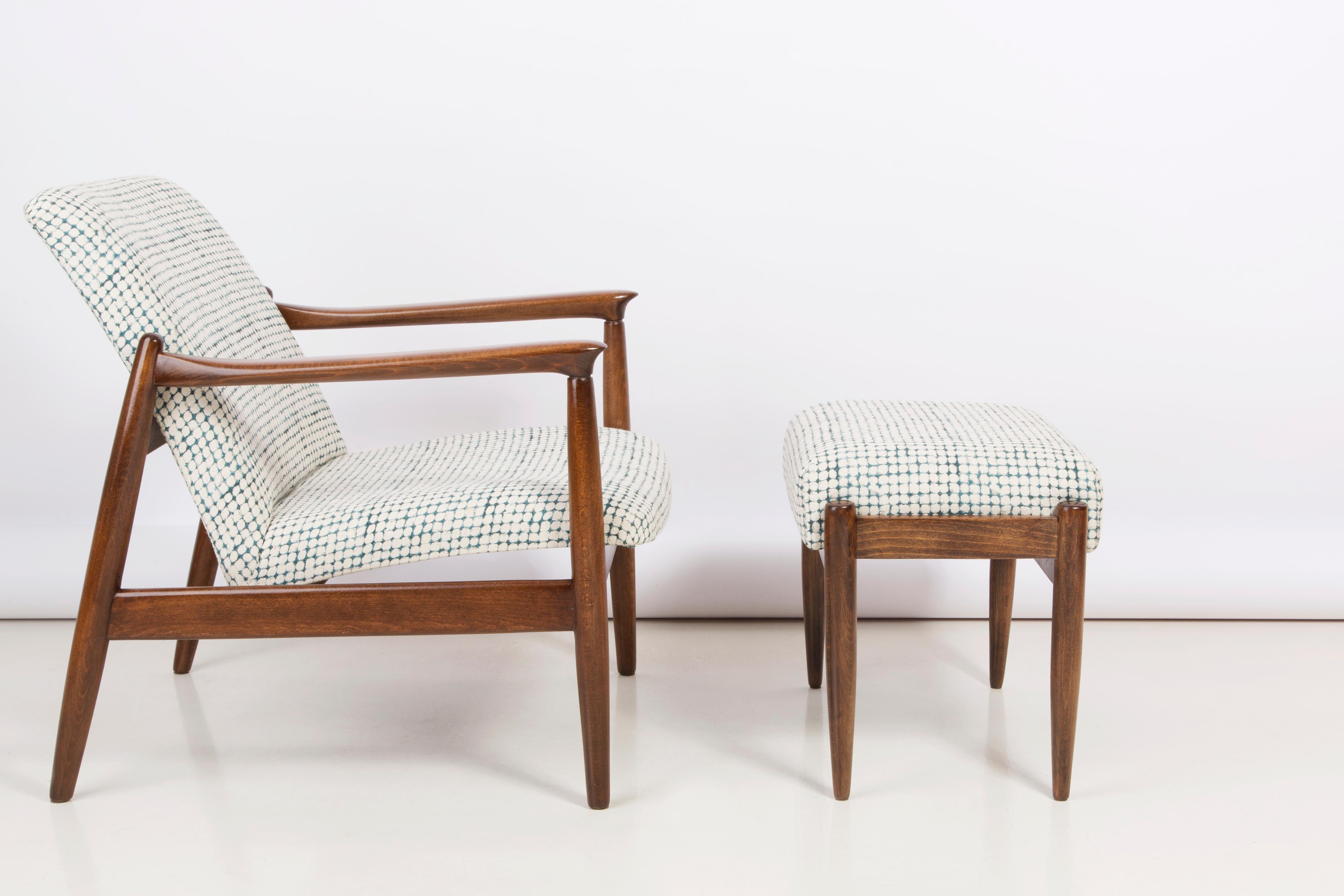 Textile White and Aqua Vintage Armchair and Stool, Edmund Homa, 1960s For Sale