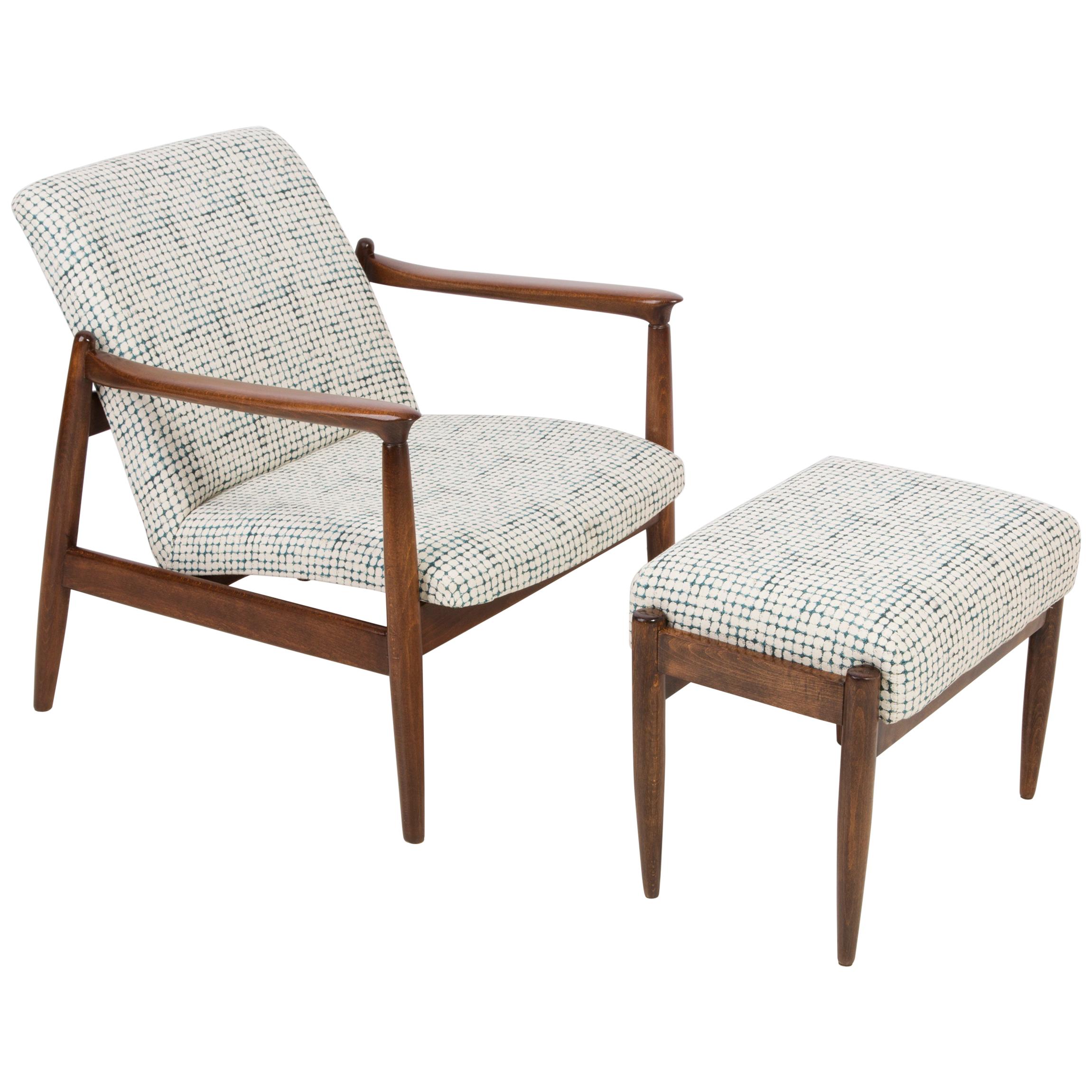 White and Aqua Vintage Armchair and Stool, Edmund Homa, 1960s For Sale