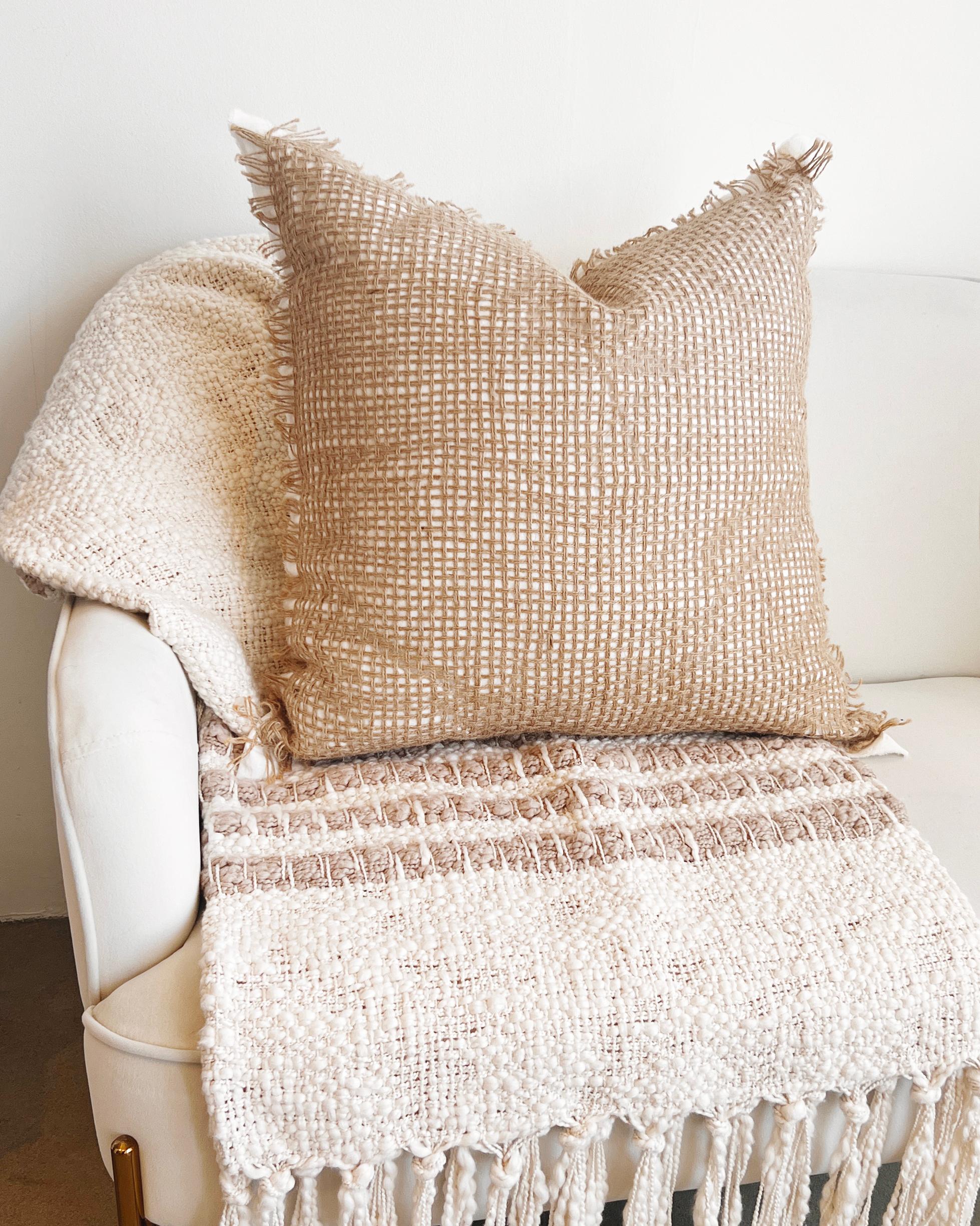 Organic Modern White and Beige Cotton and Jute Handmade Throw Pillow For Sale