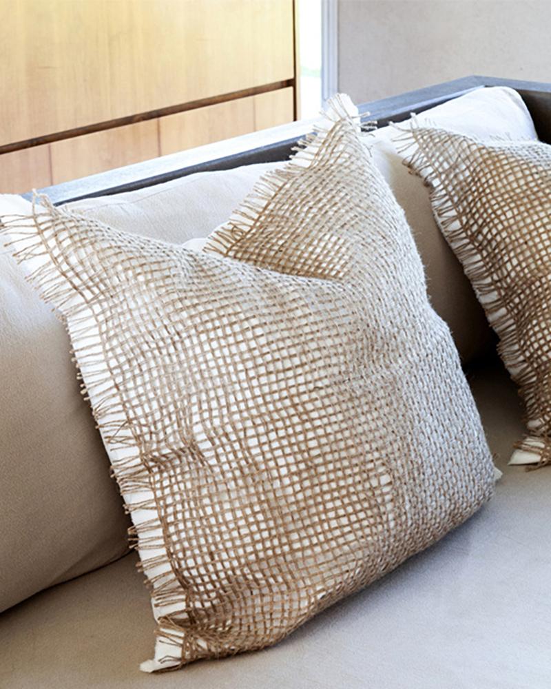 Hand-Woven White and Beige Cotton and Jute Handmade Throw Pillow For Sale
