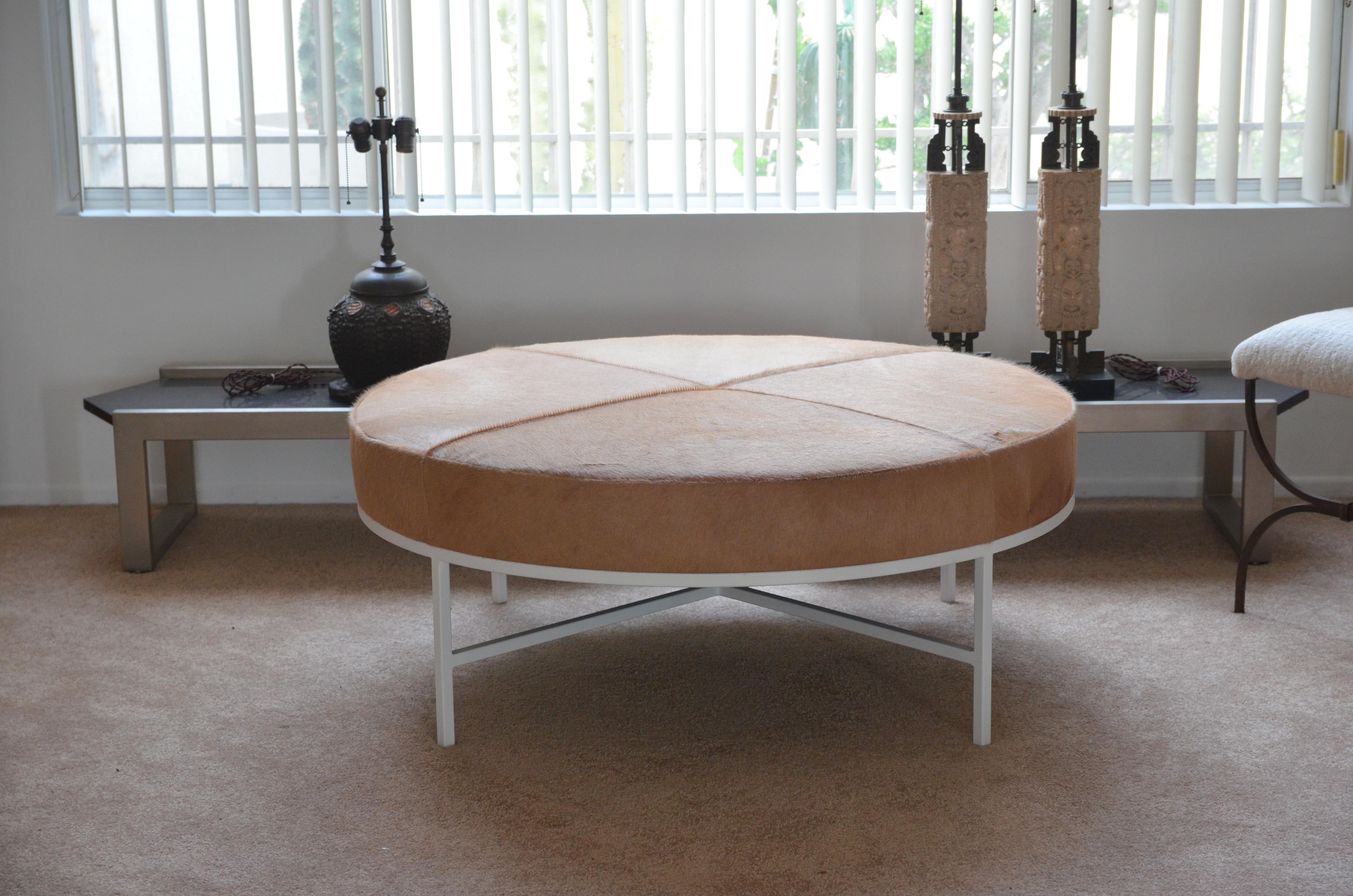 Powder-Coated White and Beige Hide 'Tambour' Ottoman or Coffee Table by Design Frères For Sale