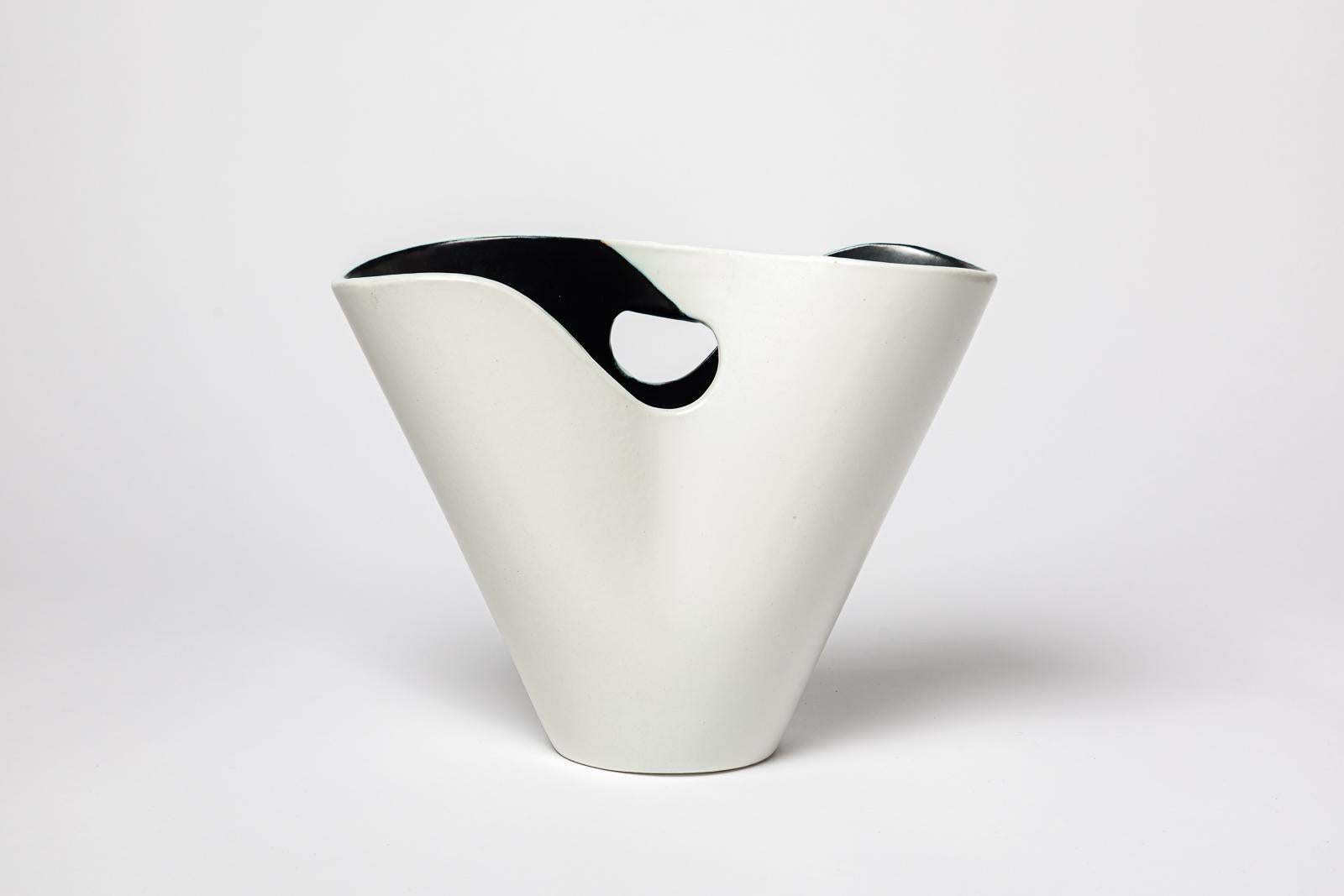 20th Century white and black 20th century design ceramic vase by Fernand Elchinger 1950 For Sale