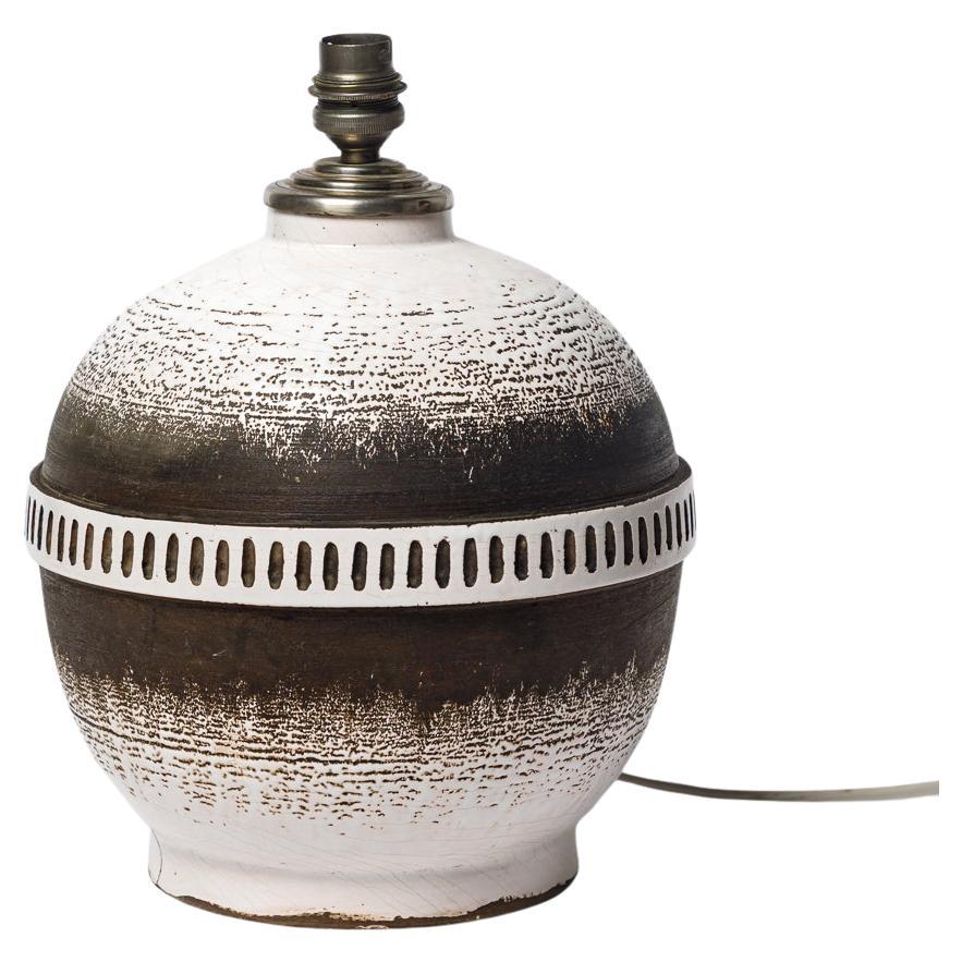 white and black art deco 20th century ceramic table lamp by Keramos Jean Besnard