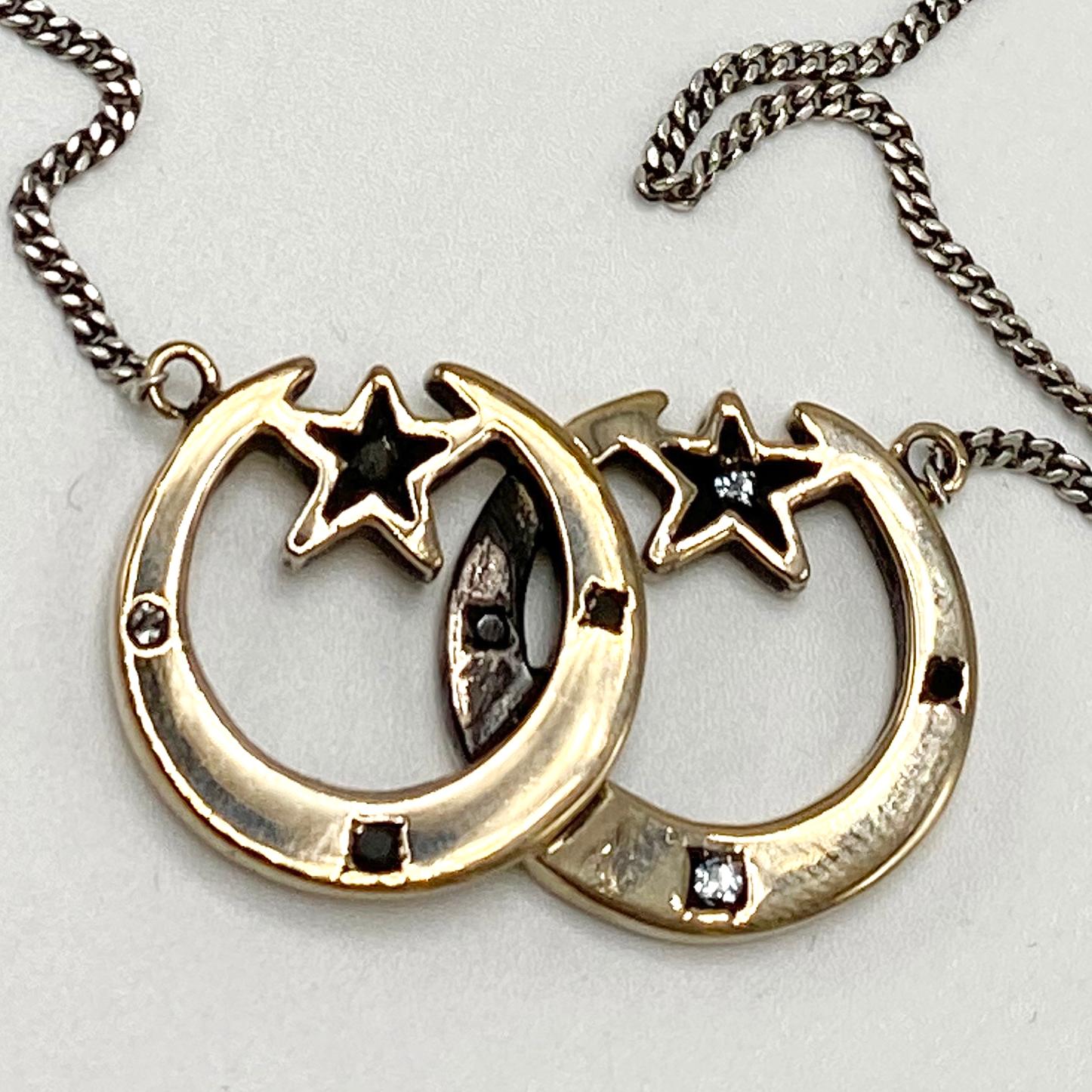 Contemporary White and Black Diamond Crescent Moon Star Necklace Gold J Dauphin For Sale