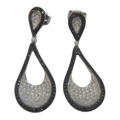 White and Black Diamond Drop Dangle Earrings in 18 Karat White Gold