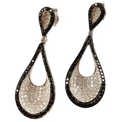 White and Black Diamond Drop Dangle Earrings in 18 Karat White Gold