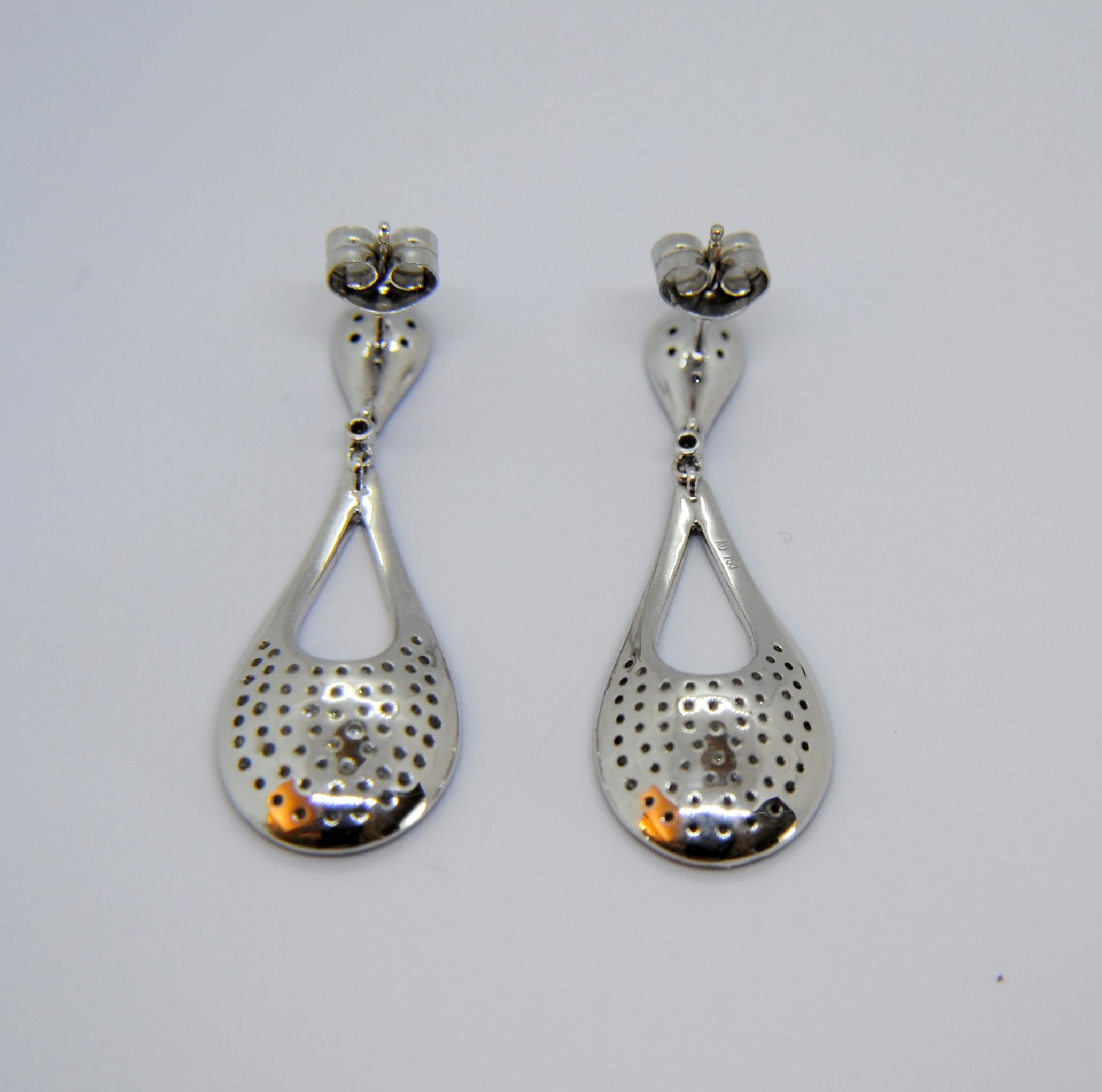 Contemporary White and Black Diamond Drop Dangle Earrings in 18 Karat White Gold For Sale