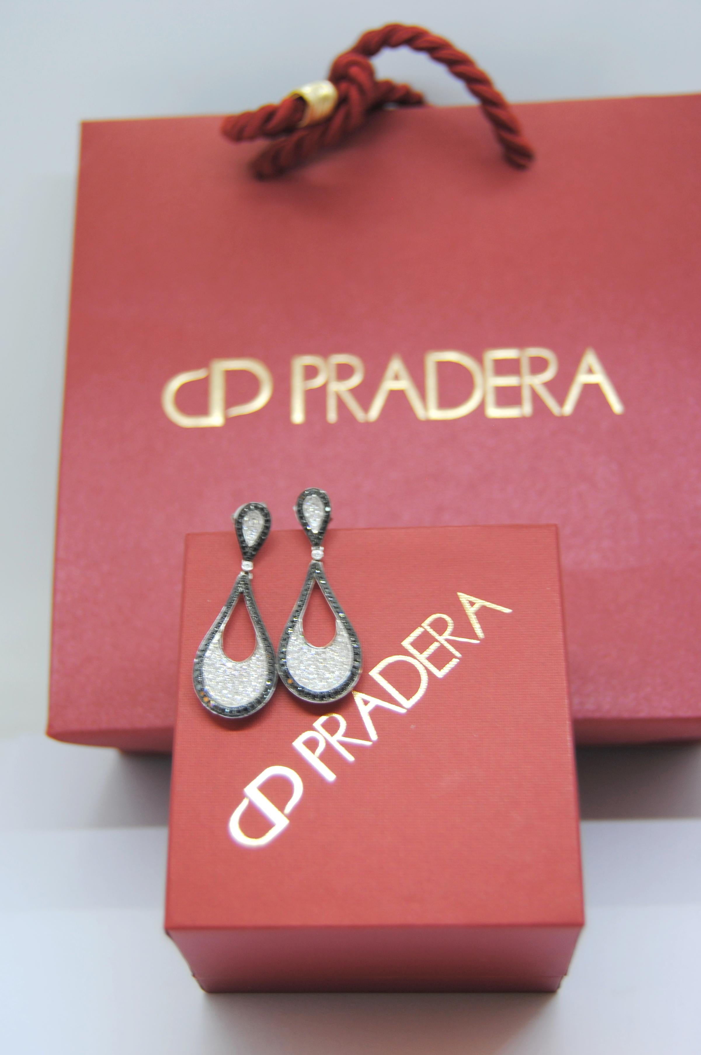 Brilliant Cut White and Black Diamond Drop Dangle Earrings in 18 Karat White Gold For Sale