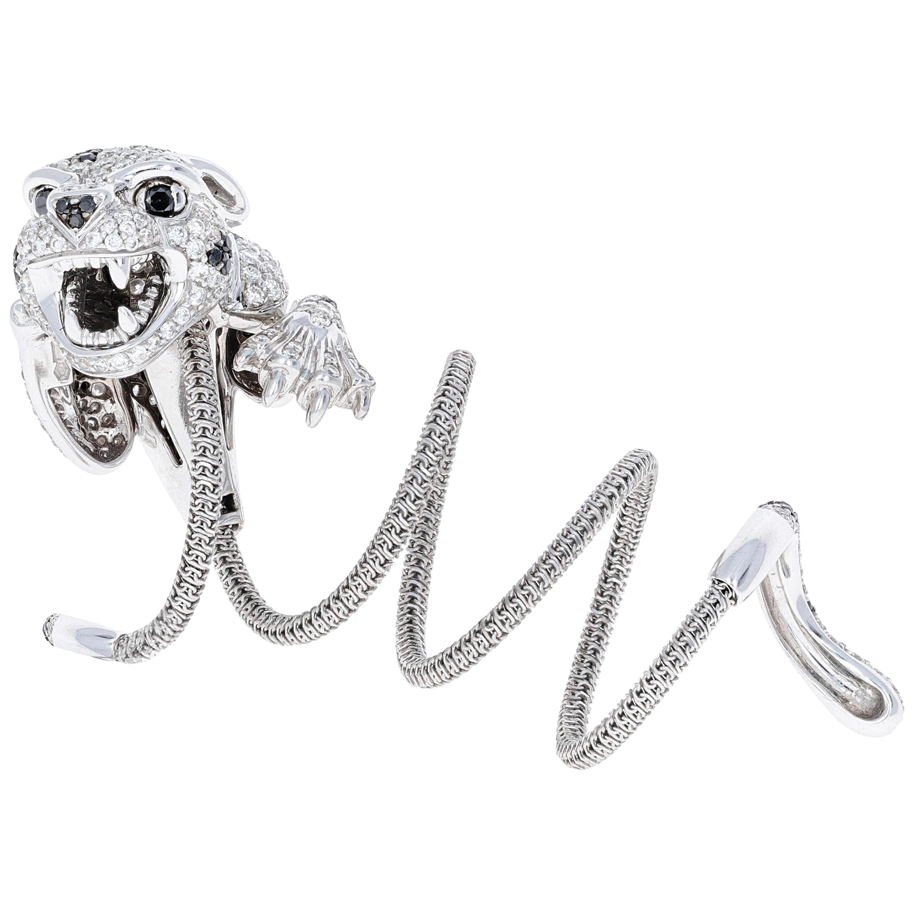  Italian White and Black Diamond Panther Spring Ring, 18kt White Gold