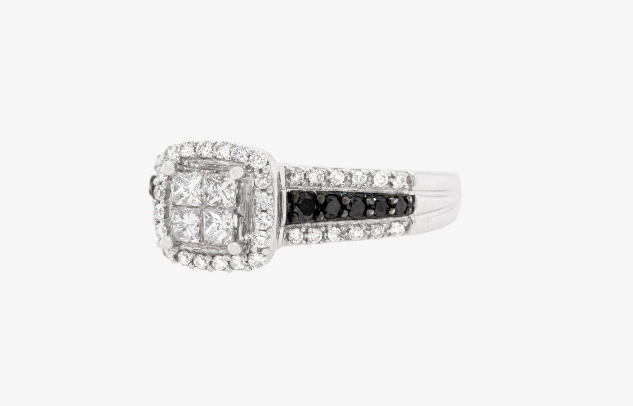 Princess Cut White and Black Diamond Ring 14k Gold For Sale