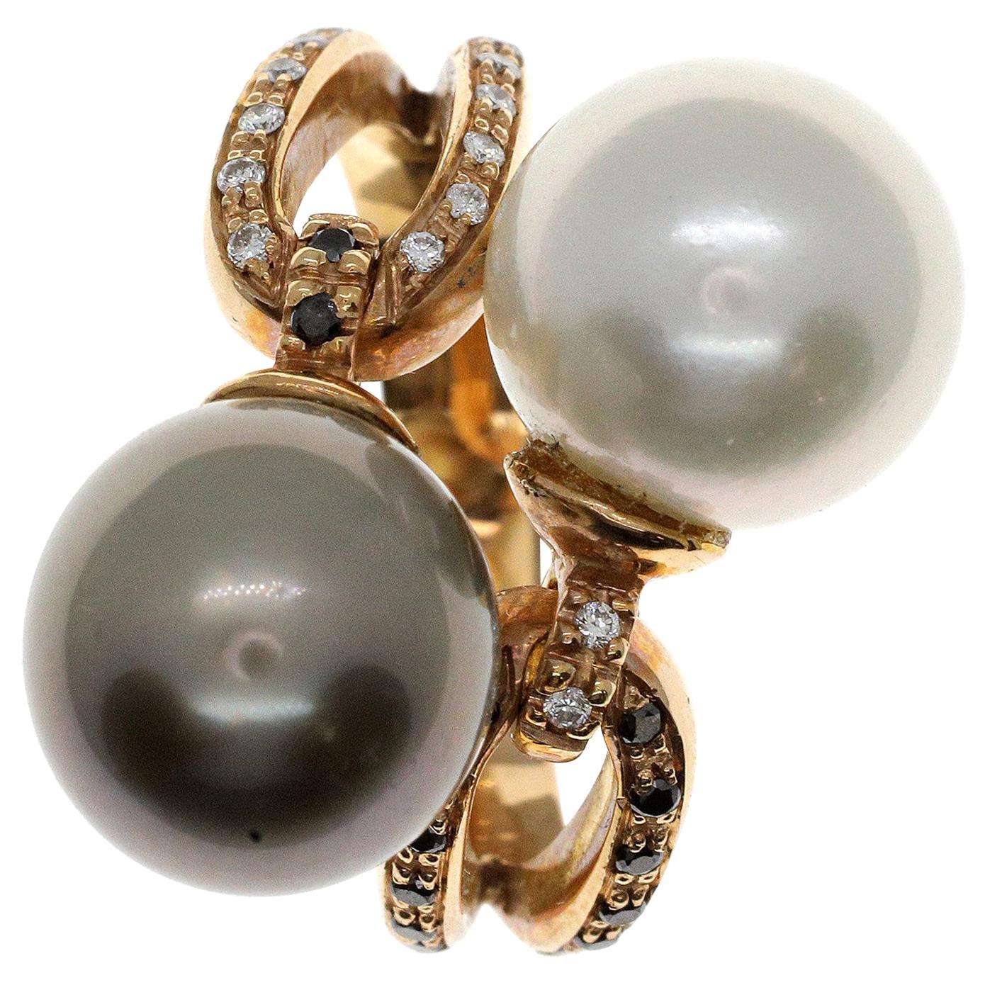 21st Century 18 Karat Rose Gold White and Black Diamond Pearl Cocktail Ring