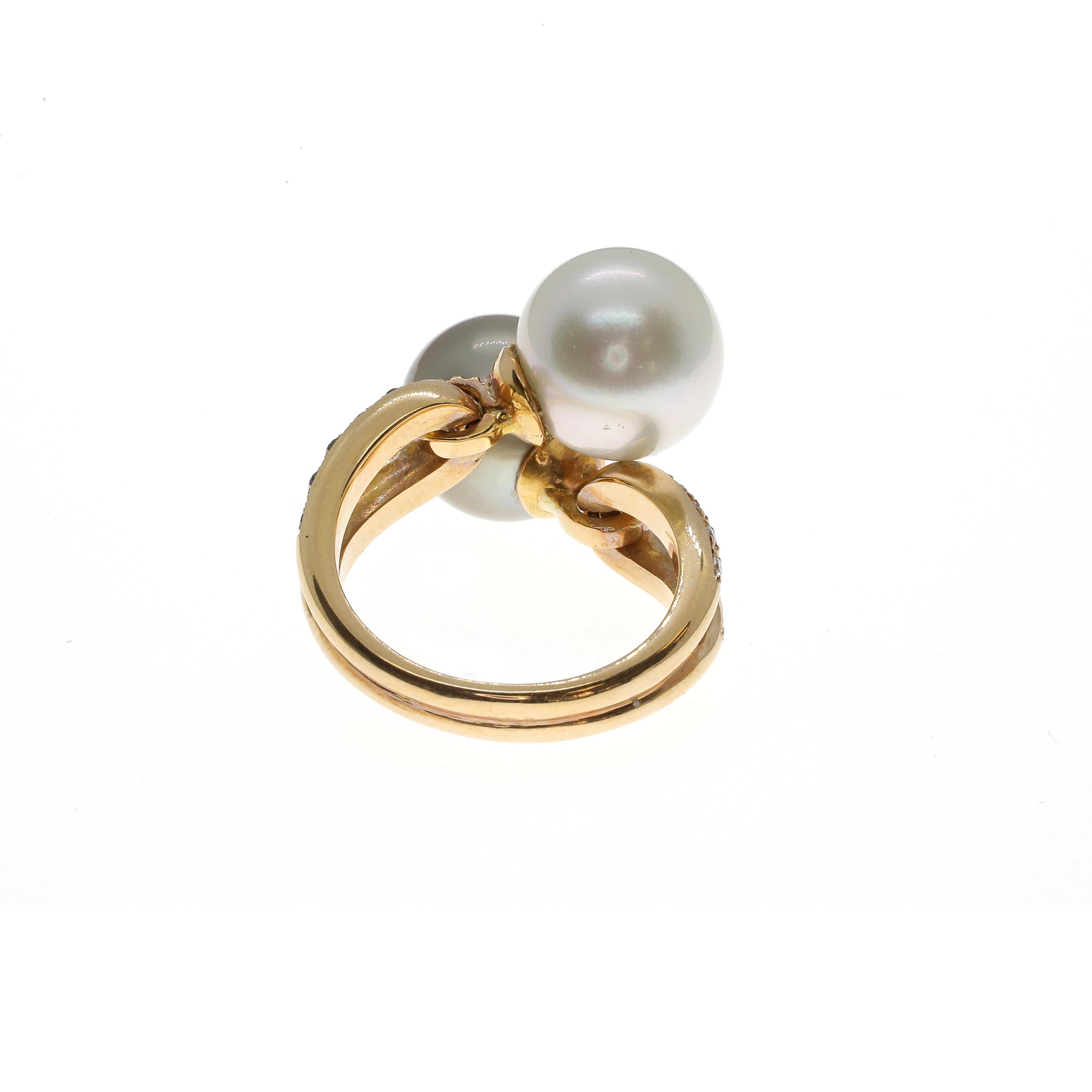 Round Cut 21st Century 18 Karat Rose Gold White and Black Diamond Pearl Cocktail Ring For Sale