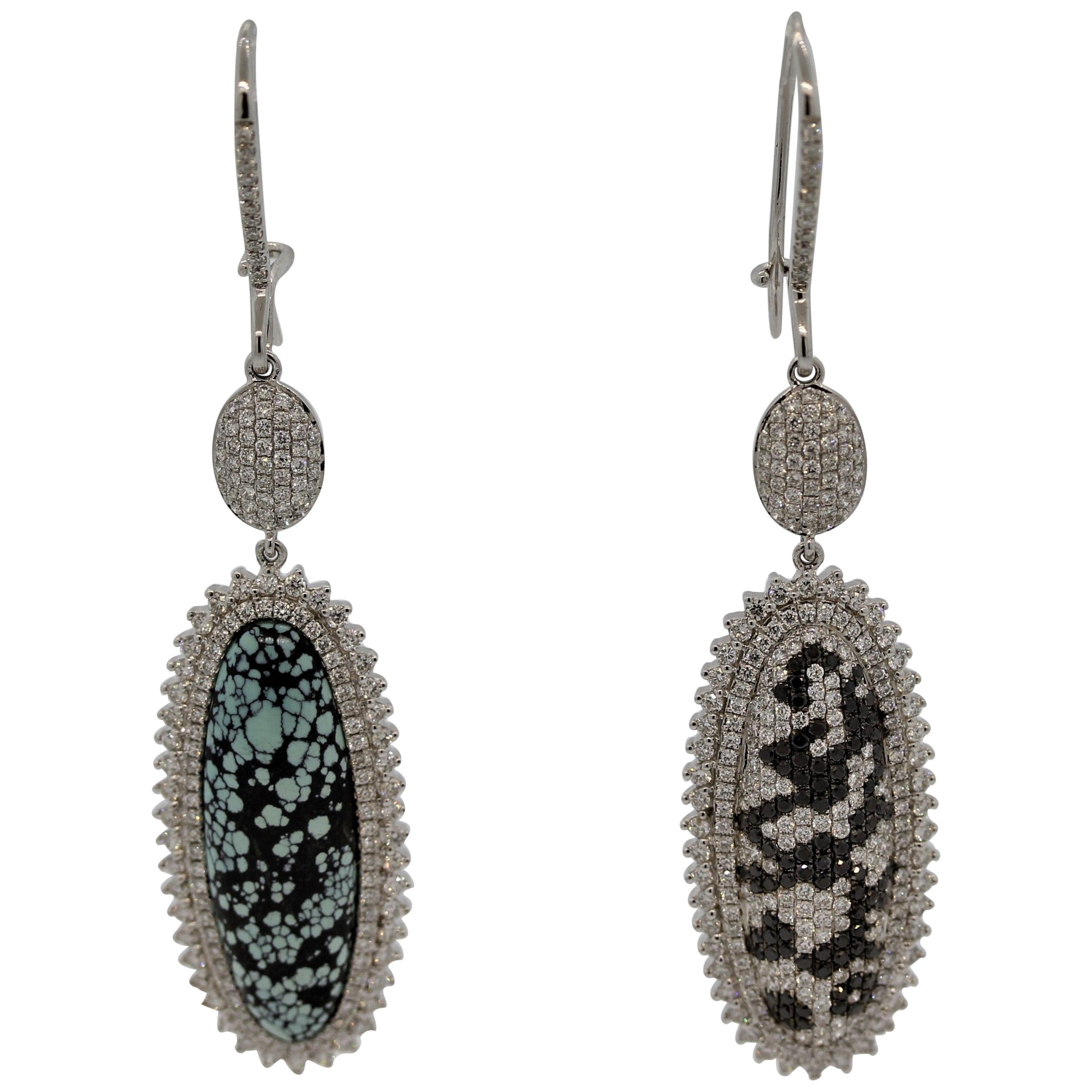 White and Black Diamond Turquoise Gold Drop Earrings