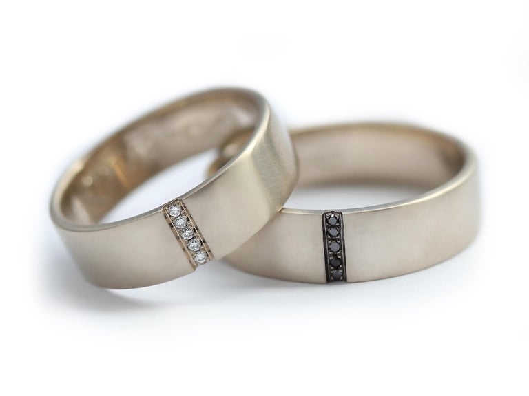 Customizable White and Black Diamond Wedding Ring Set, Gold Couple Rings,  Mens Wedding For Sale at 1stDibs