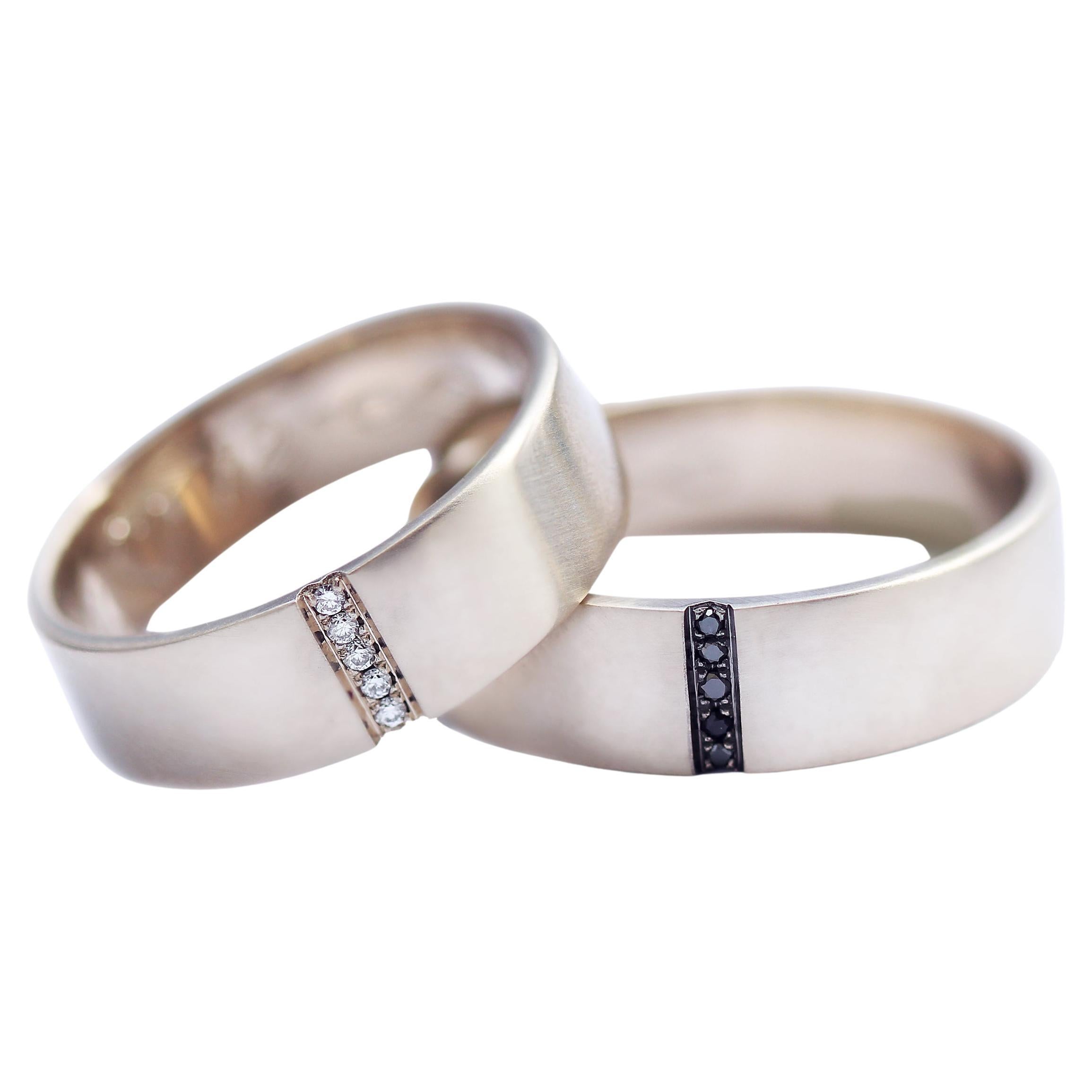 White and Black Diamond Wedding Ring Set, Gold Couple Rings, Mens Wedding 