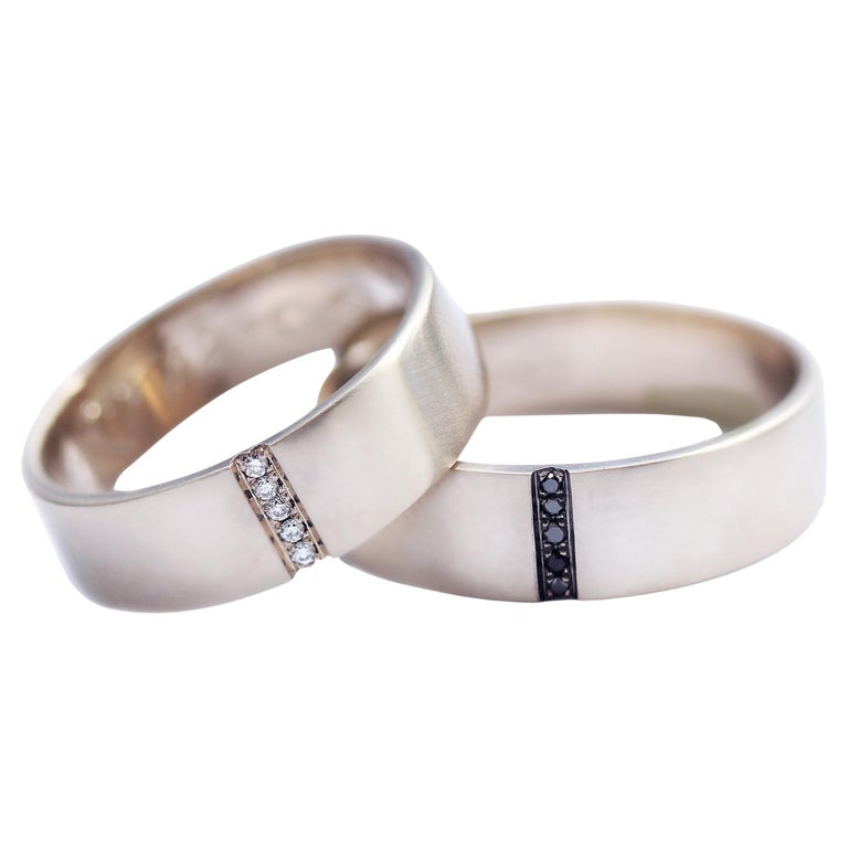 Customizable White and Black Diamond Wedding Ring Set, Gold Couple Rings,  Mens Wedding For Sale at 1stDibs