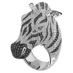 White and Black Diamond Zebra Cocktail Ring in 18kt White Gold, Italian Design